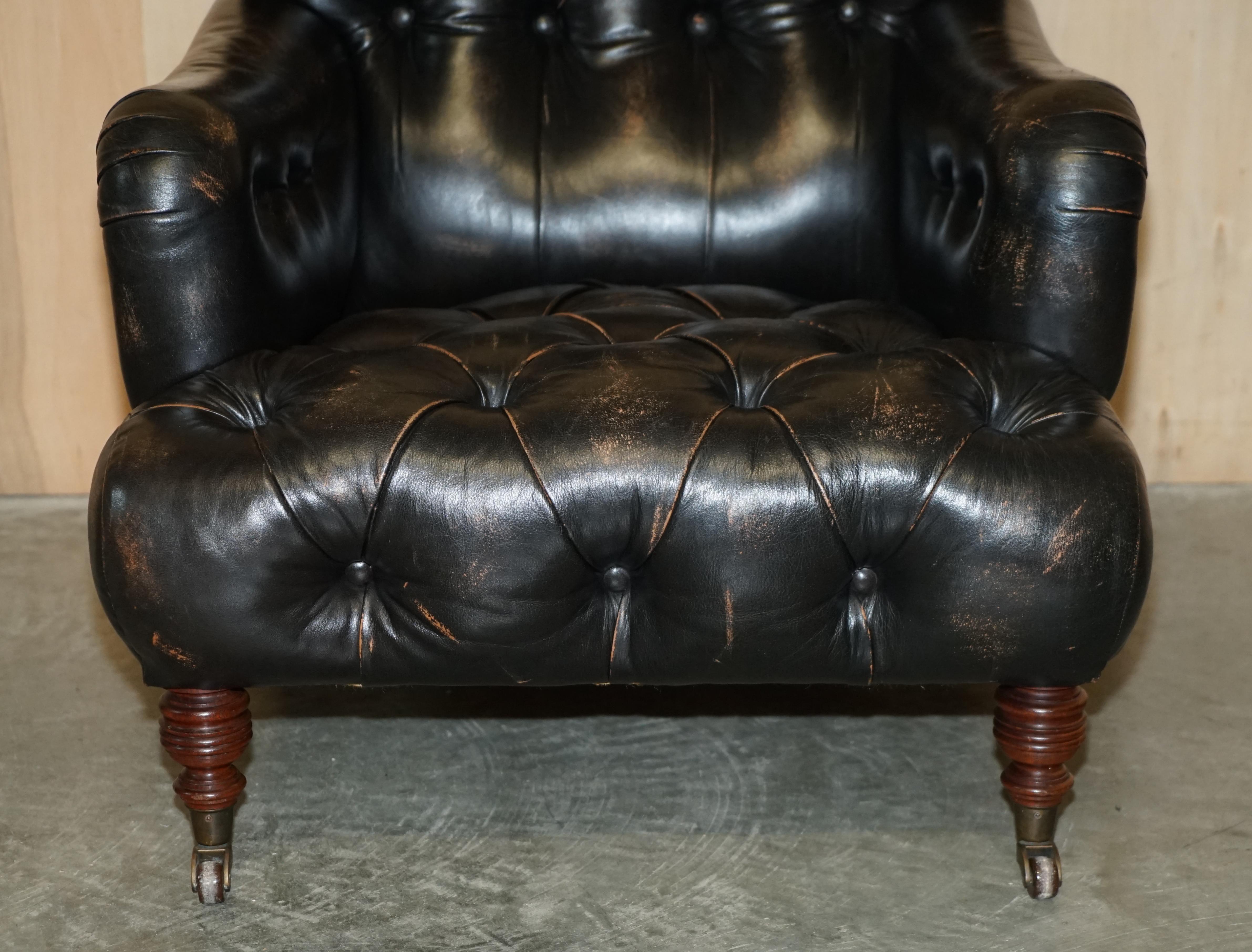 Antique Howard & Son's Bridgewater Style Black Leather Chesterfield Armchair For Sale 2