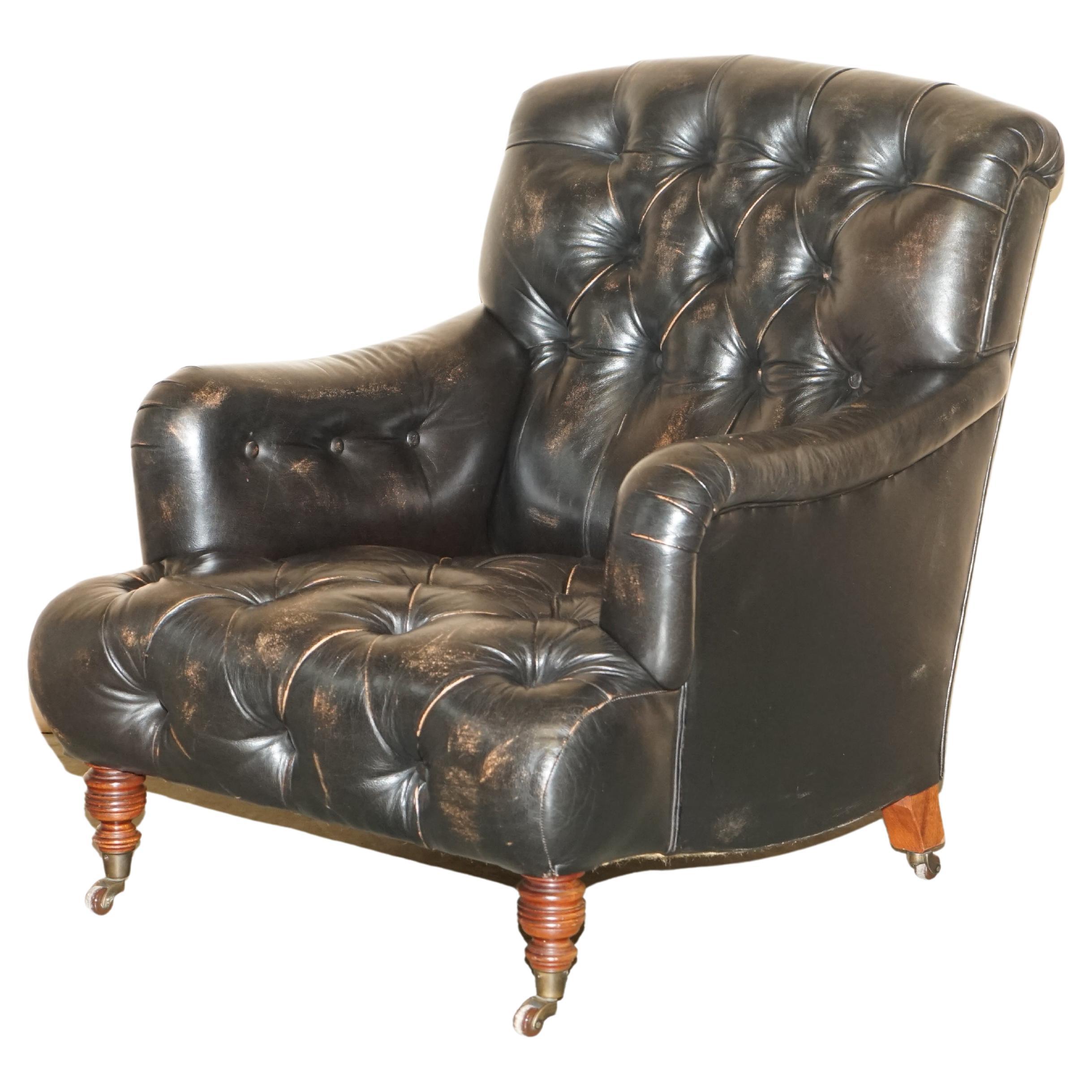 Antique Howard & Son's Bridgewater Style Black Leather Chesterfield Armchair