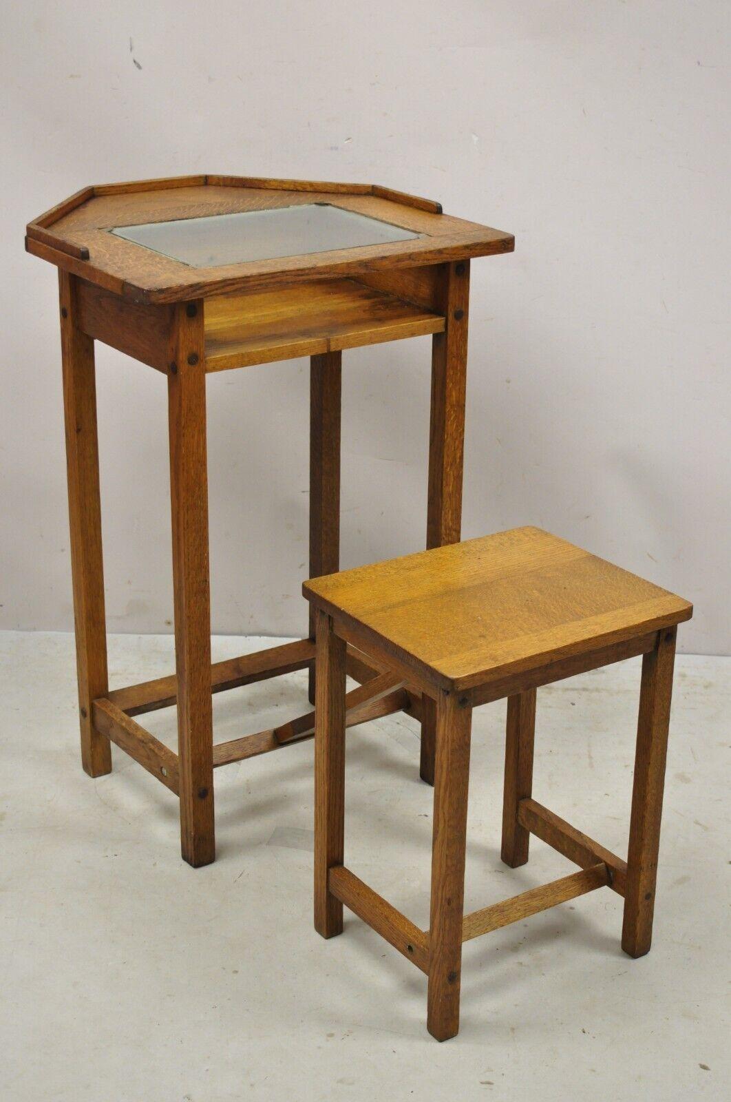 Glass Antique H.T. Cushman Betumal Oak Telephone Stand Small Child's Desk For Sale
