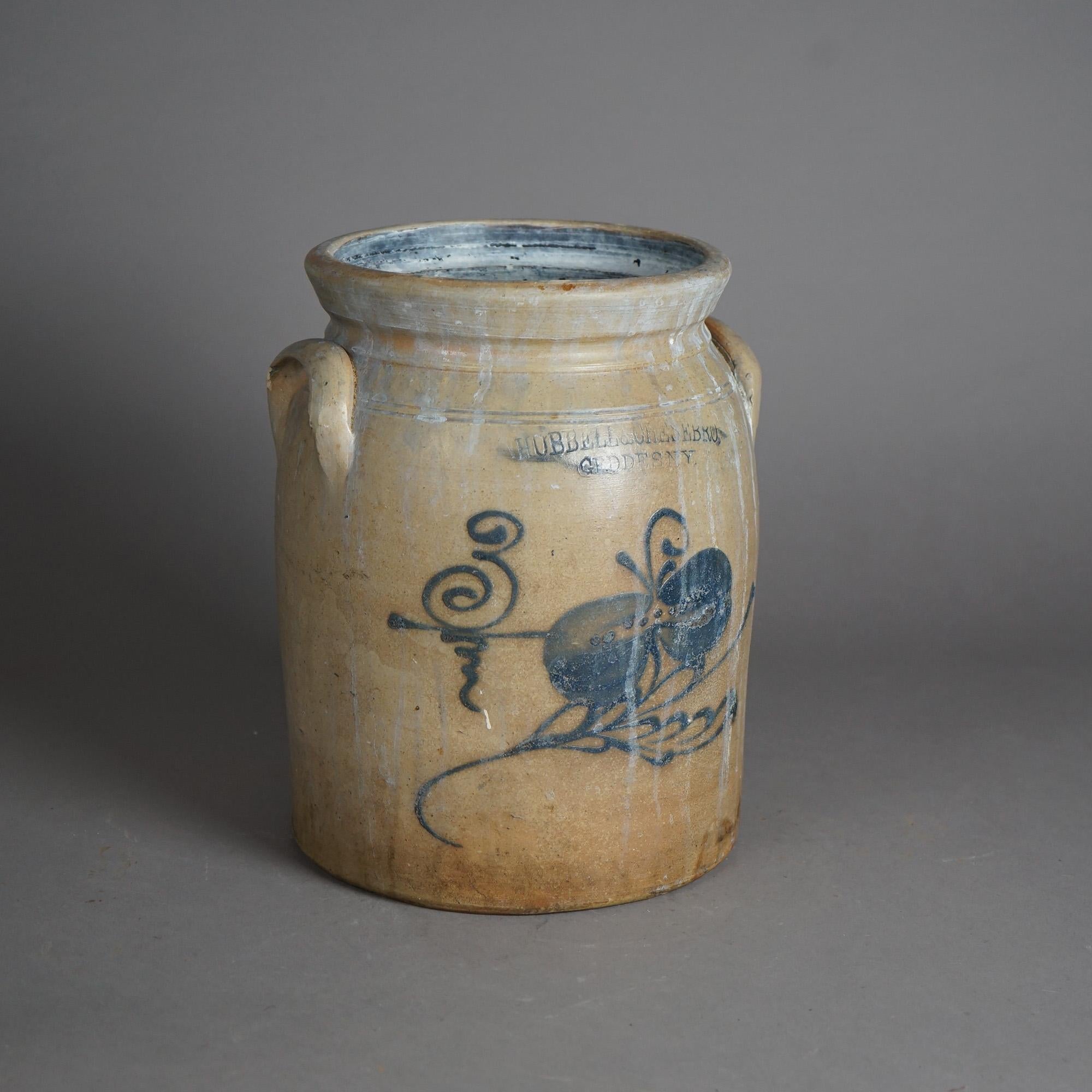 American Antique Hubble And Chesebro Blue Decorated Stoneware Crock C1880 For Sale