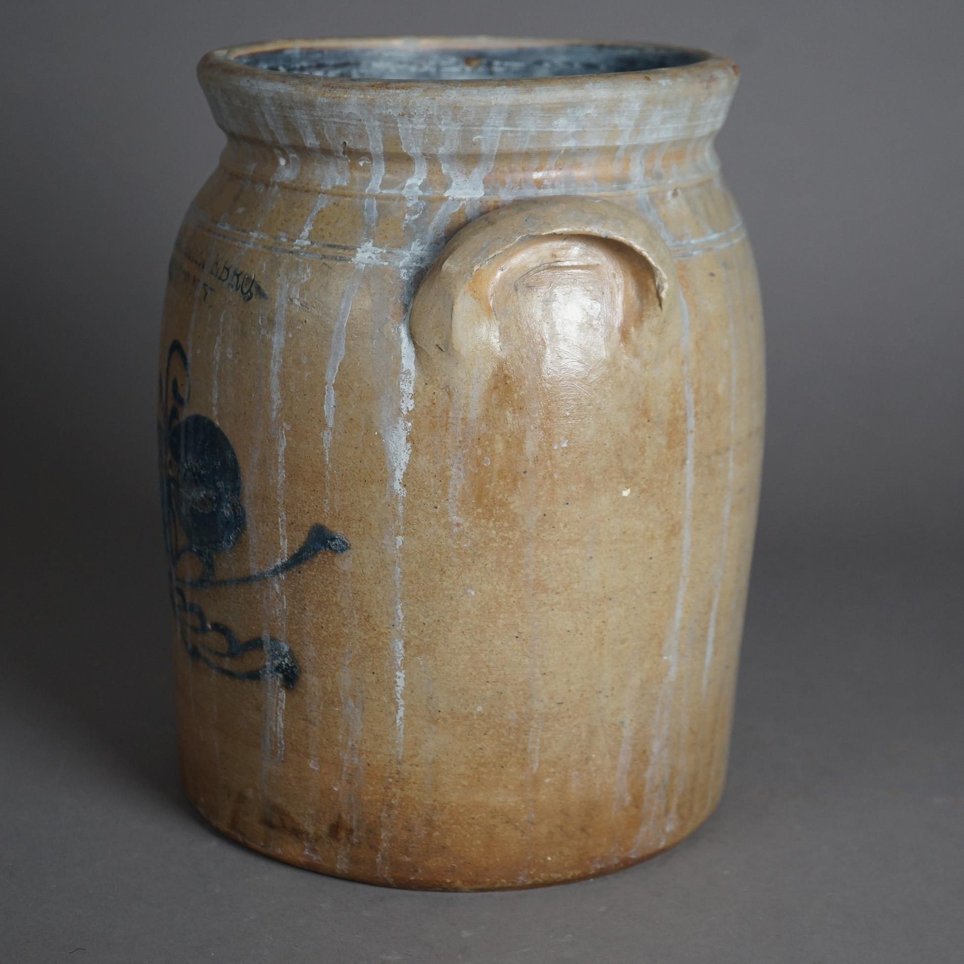 Hand-Painted Antique Hubble And Chesebro Blue Decorated Stoneware Crock C1880 For Sale