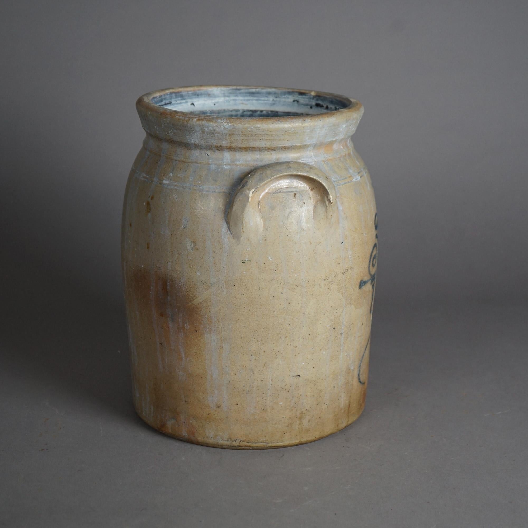 19th Century Antique Hubble And Chesebro Blue Decorated Stoneware Crock C1880