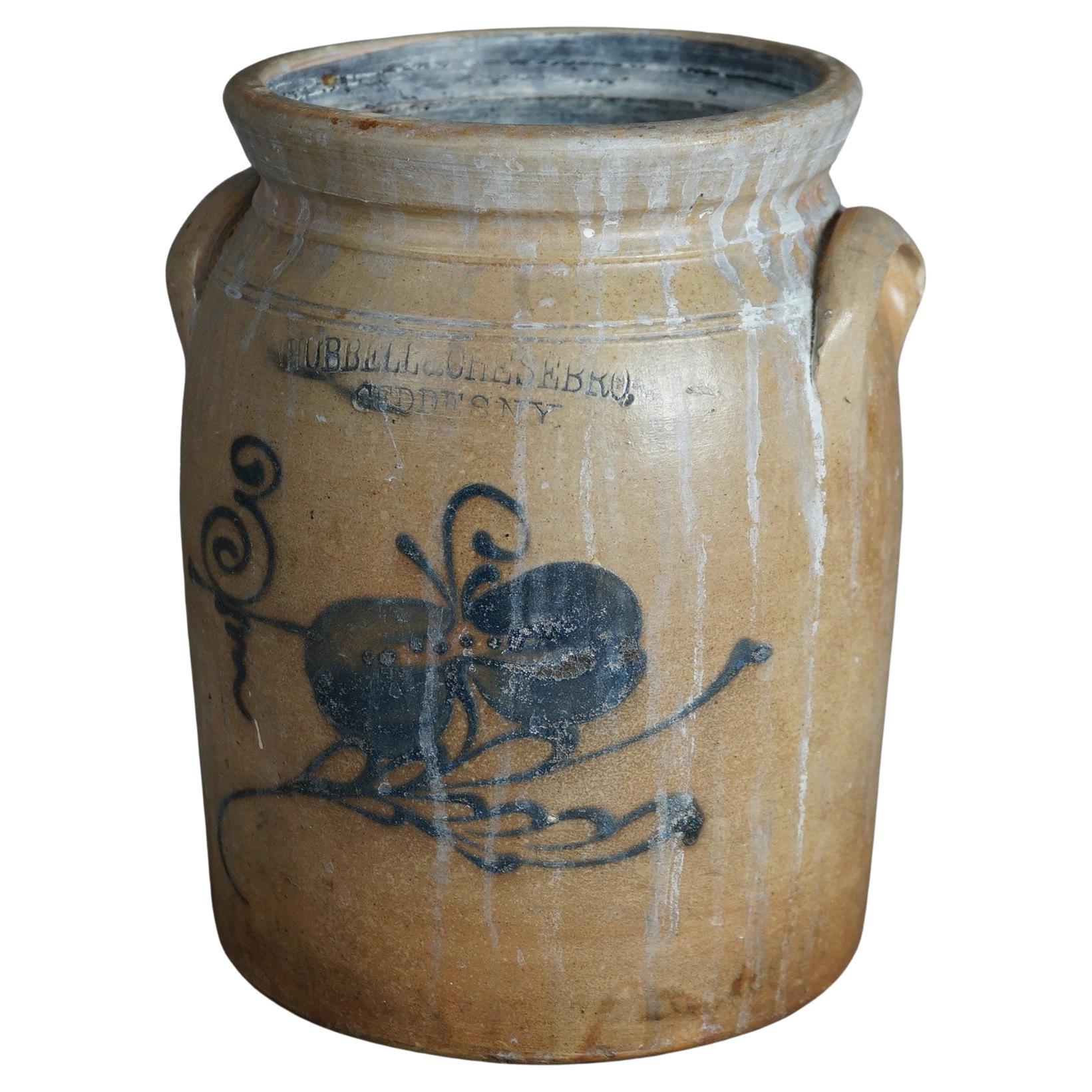 Antique Hubble And Chesebro Blue Decorated Stoneware Crock C1880 For Sale