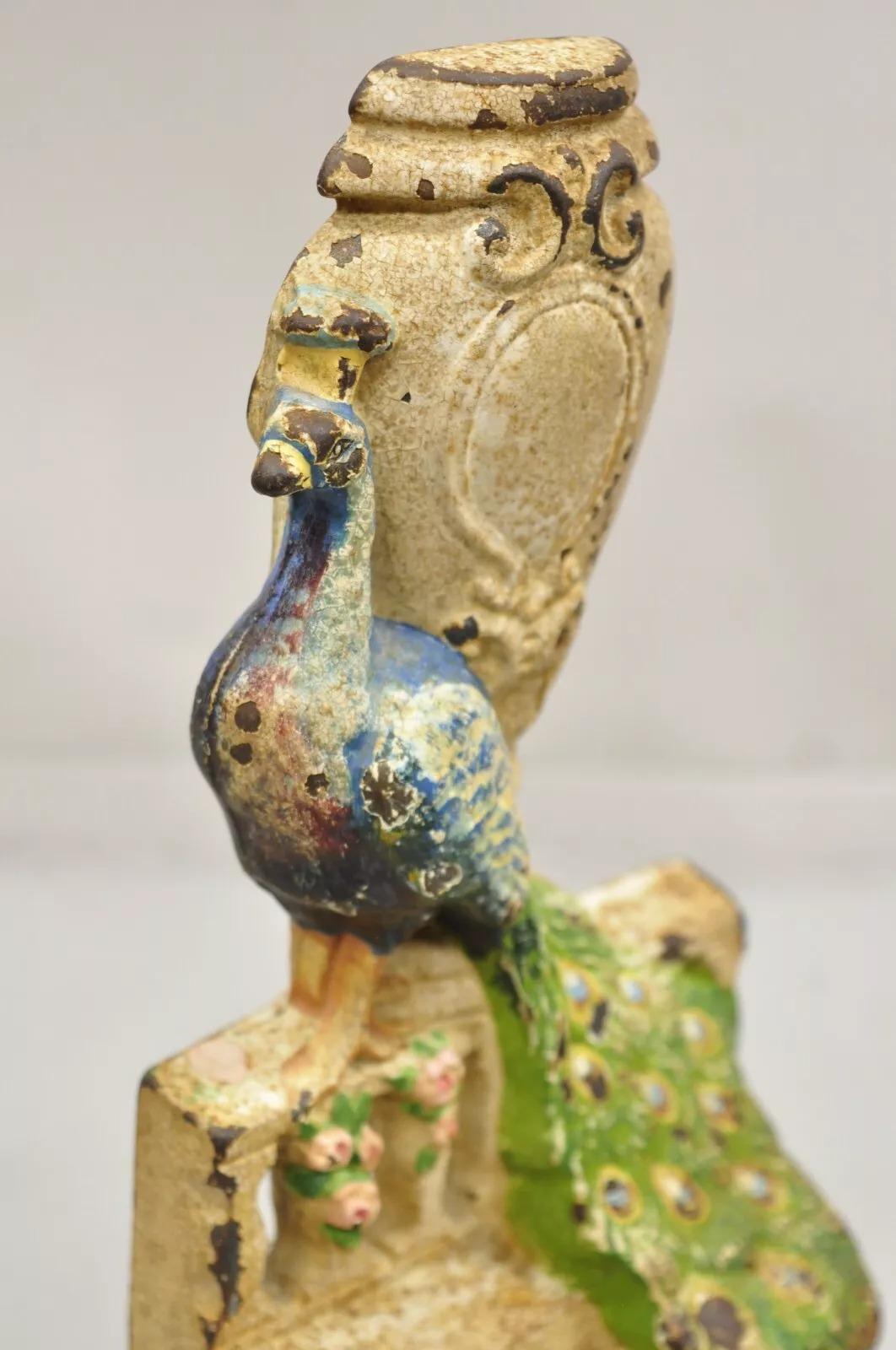 Antique Hubley Art Deco Cast Iron Figural Blue Green Peacock Painted Door Stop In Good Condition For Sale In Philadelphia, PA