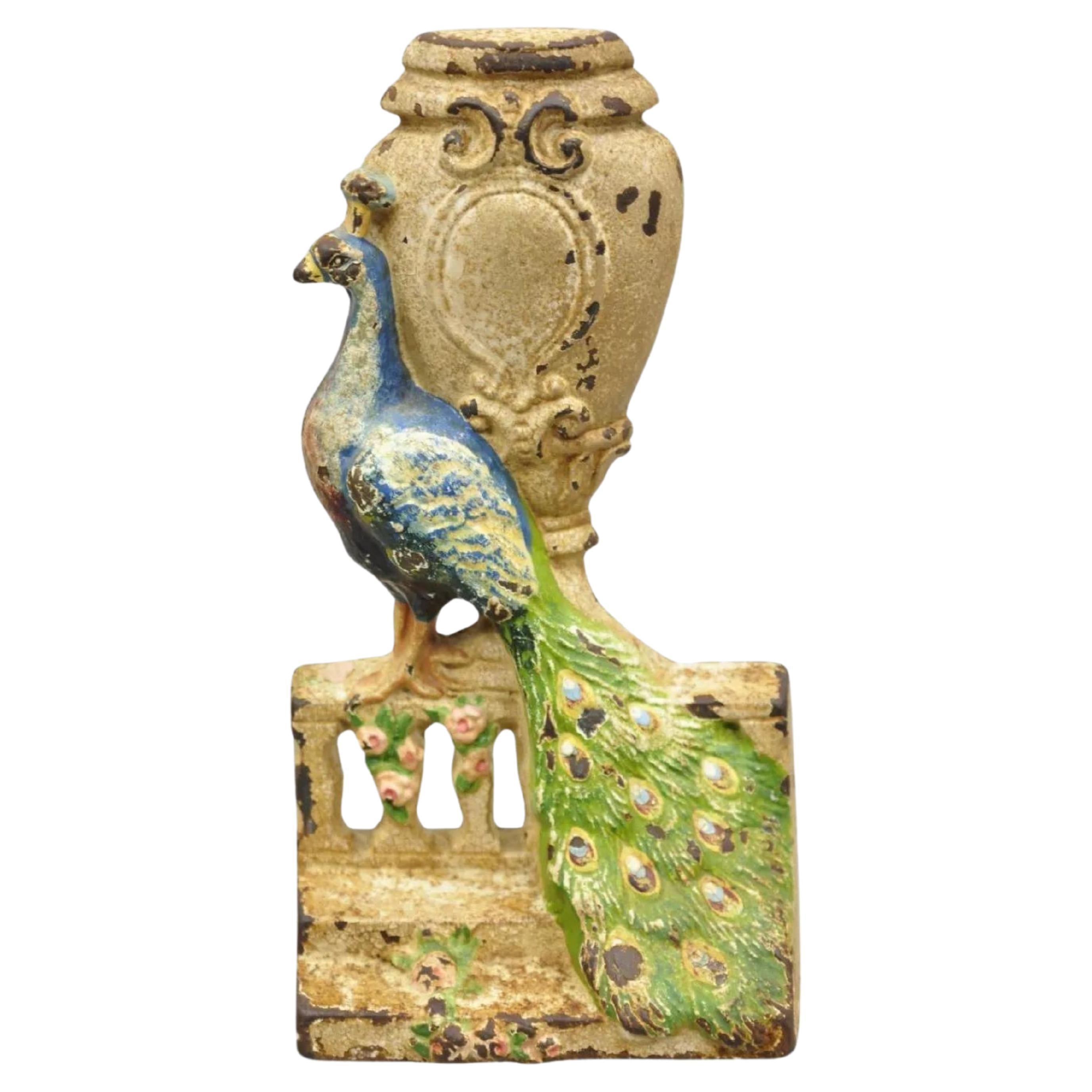 Antique Hubley Art Deco Cast Iron Figural Blue Green Peacock Painted Door Stop For Sale