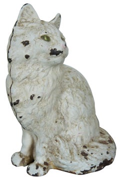 Antique Hubley Cast Iron White Persian Cat w Green Eyes Doorstop #802