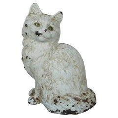 Antique Hubley Cast Iron White Persian Cat w Green Eyes Doorstop #802