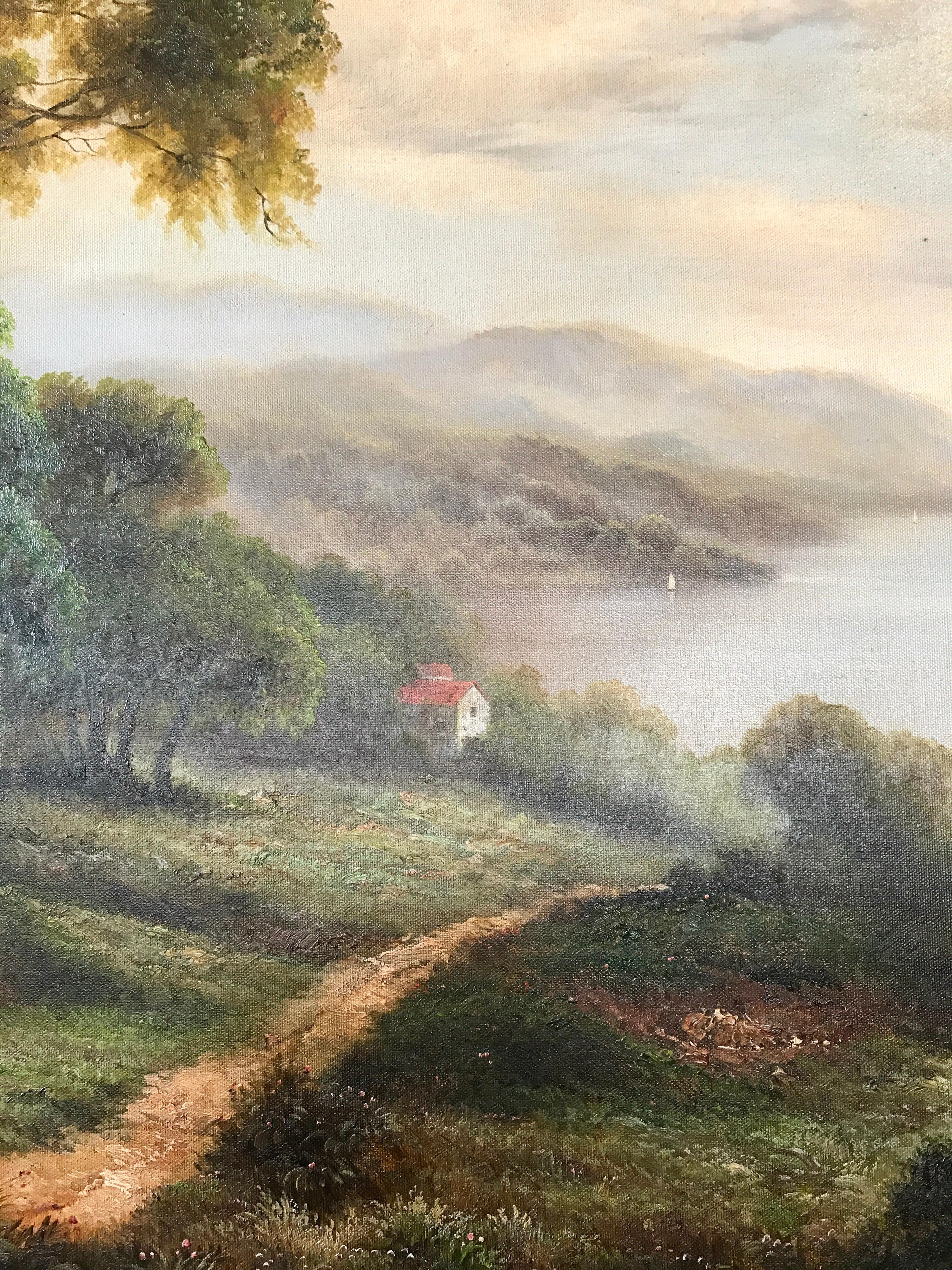 Large antique Hudson River scene original oil painting that looks to be unsigned by the artist
(unless signature is underneath frame which we haven't explored). This is a large piece and is ready
to hang. Frame is fabulous and medium is oil on