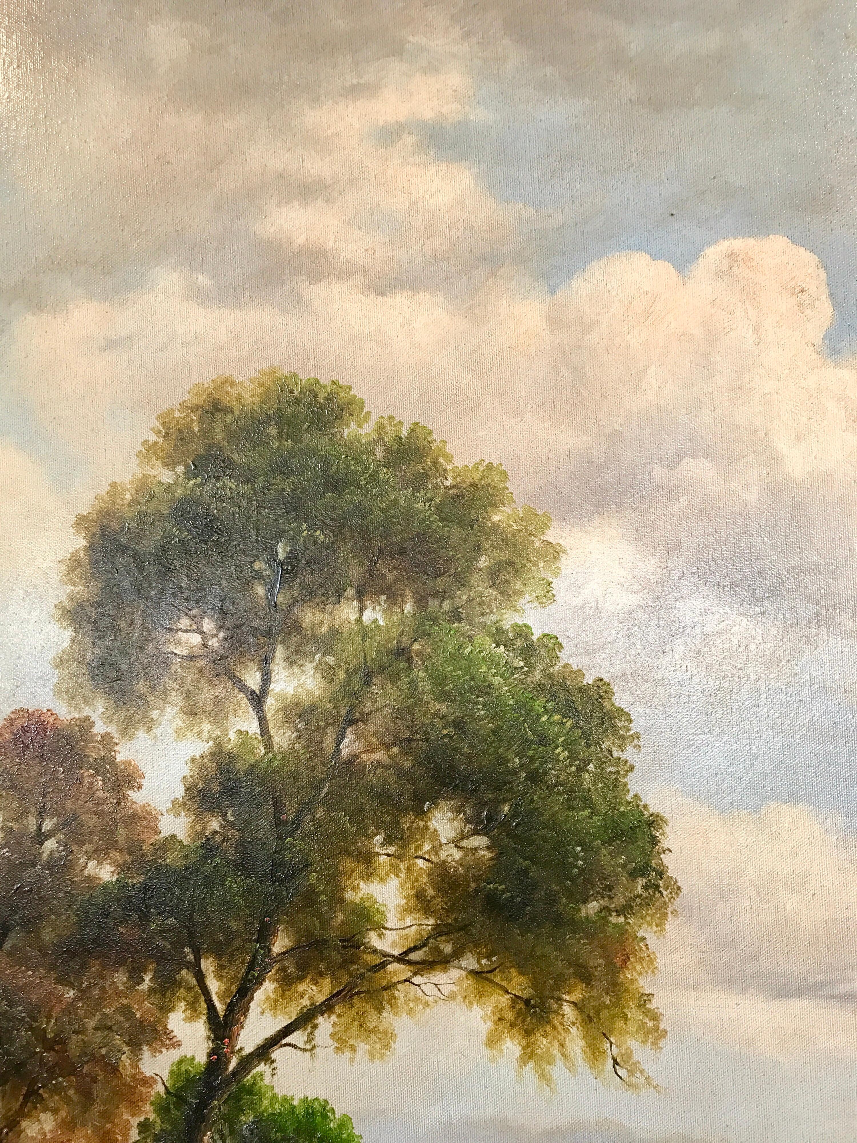 American Antique Hudson River Scene Large Landscape Oil Painting in Gilt Wood Frame