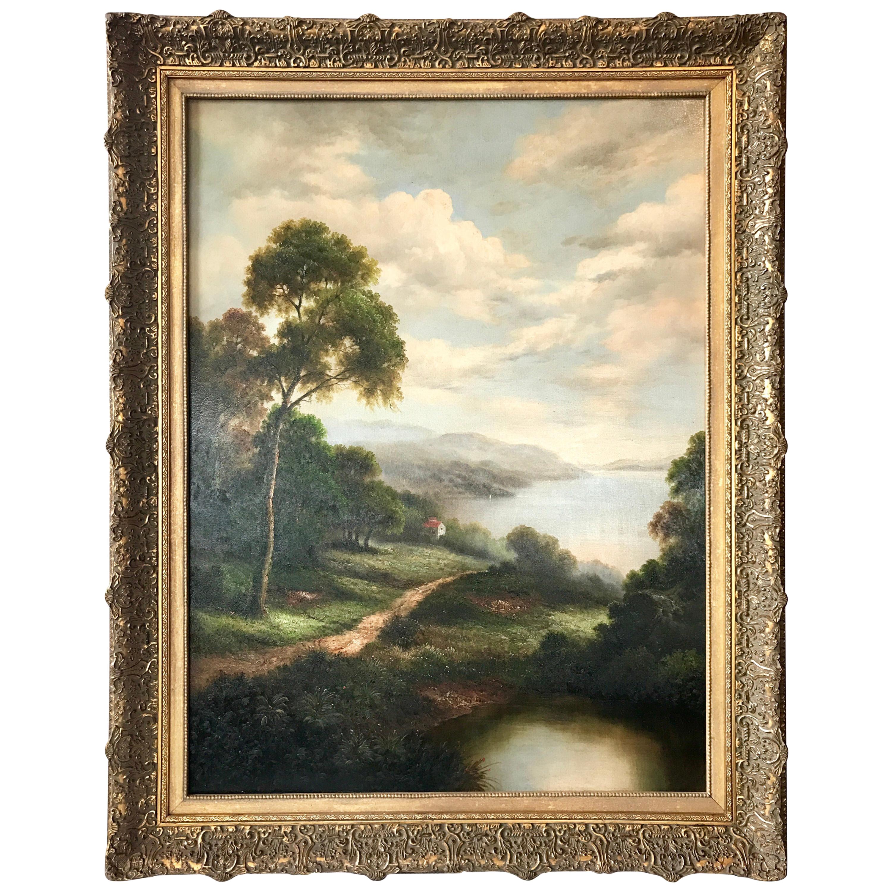 Antique Hudson River Scene Large Landscape Oil Painting in Gilt Wood Frame