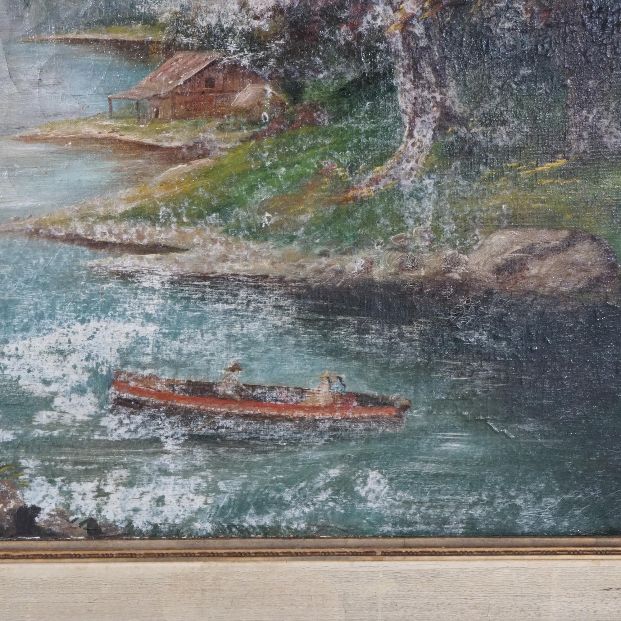 Antique Hudson River School Landscape Oil on Canvas Painting, River Scene, 19thC 5