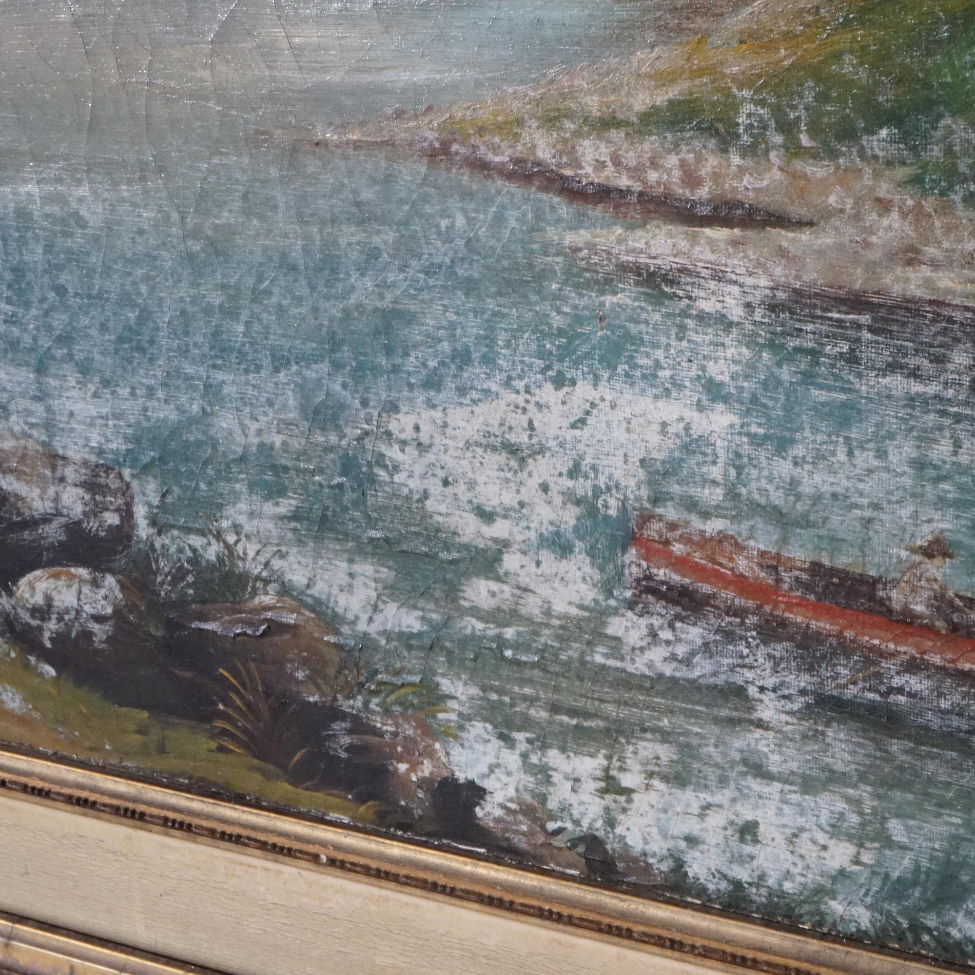 Antique Hudson River School Landscape Oil on Canvas Painting, River Scene, 19thC 6