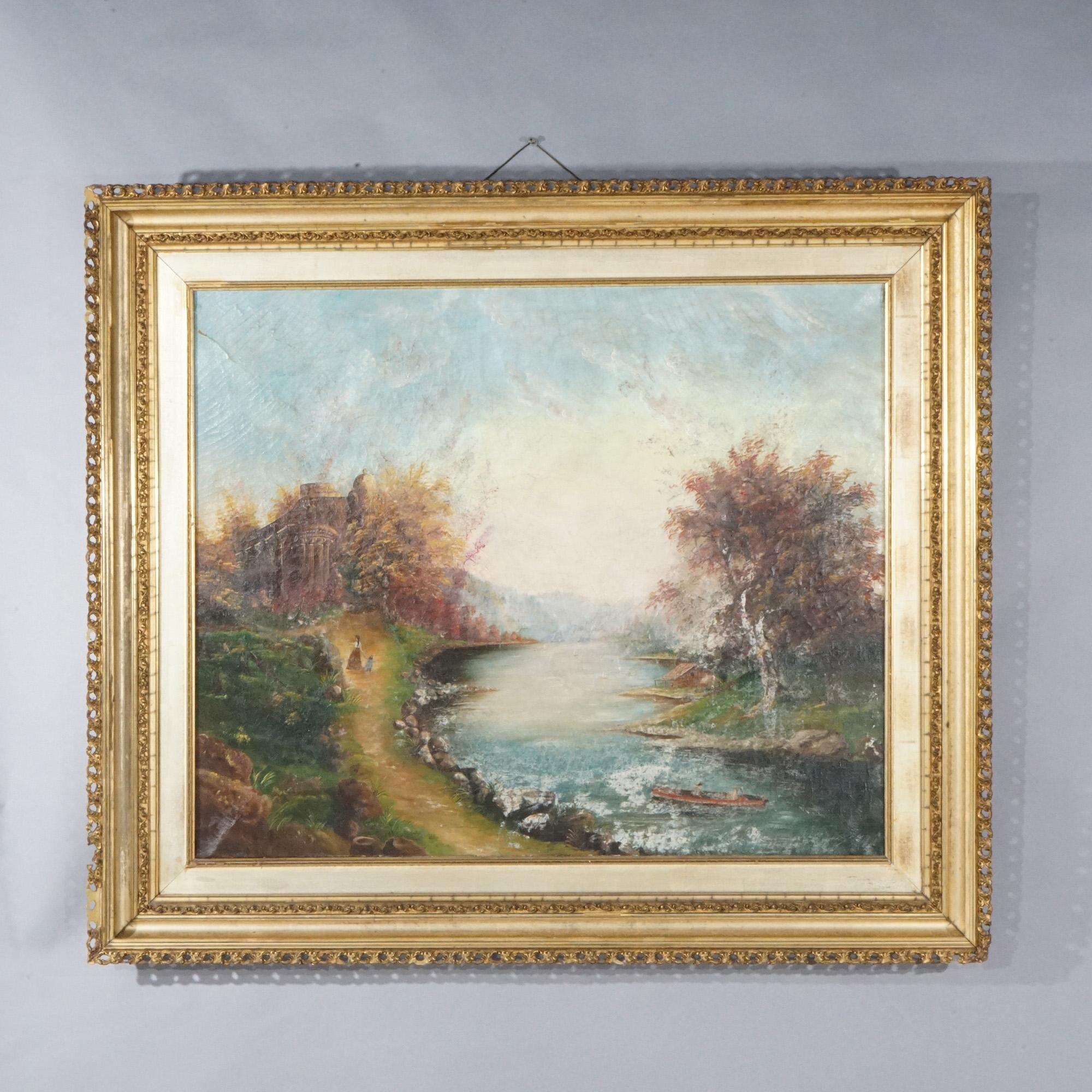 An antique Hudson River School style painting offers oil on canvas landscape river scene with figures, a canoe, and Roman-Greco style architectural ruins, seated in giltwood frame, 19th century

Measures - 38.5