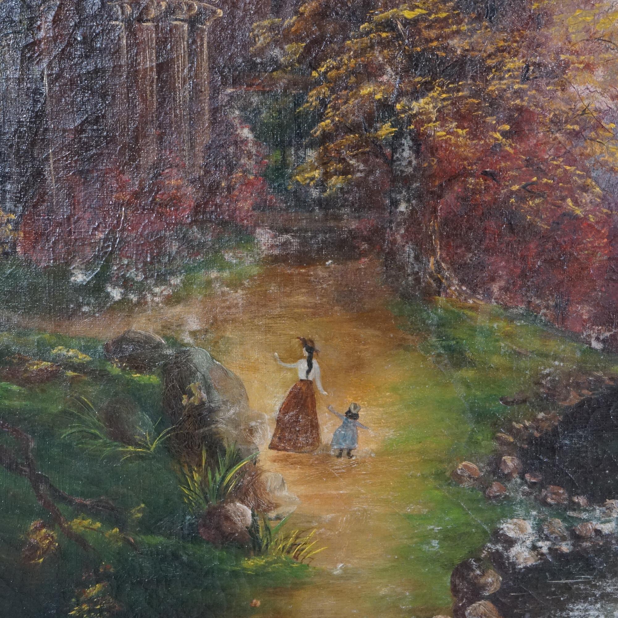 Hand-Painted Antique Hudson River School Landscape Oil on Canvas Painting, River Scene, 19thC