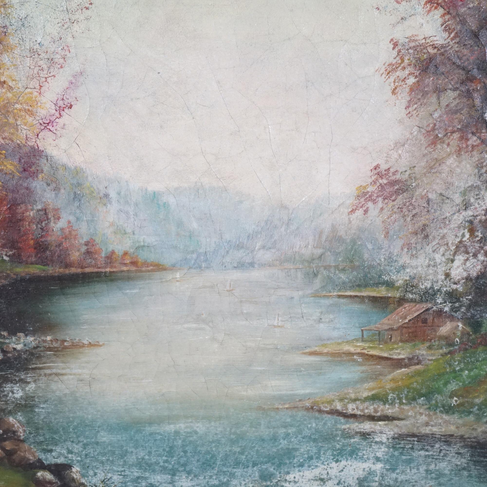 Antique Hudson River School Landscape Oil on Canvas Painting, River Scene, 19thC 1