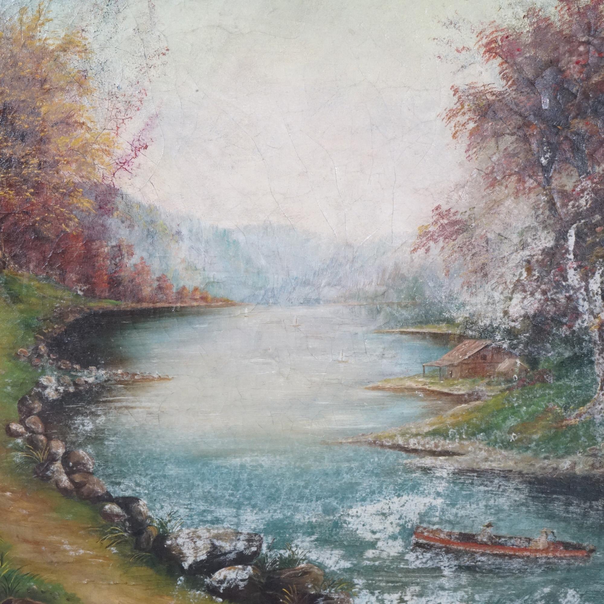 Antique Hudson River School Landscape Oil on Canvas Painting, River Scene, 19thC 2