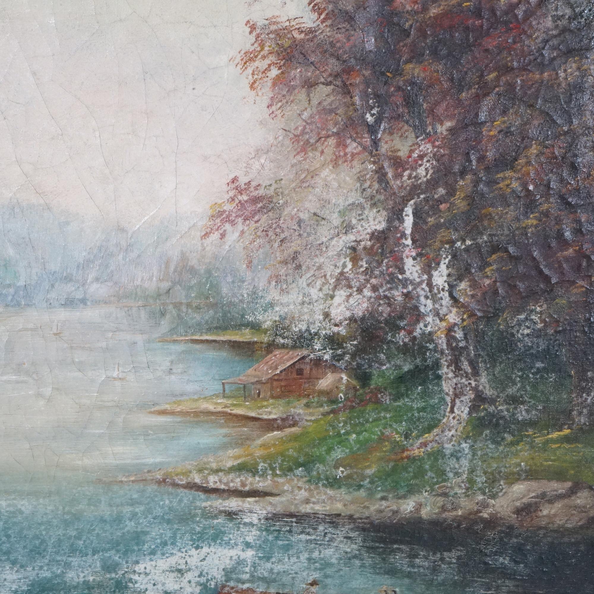 Antique Hudson River School Landscape Oil on Canvas Painting, River Scene, 19thC 3