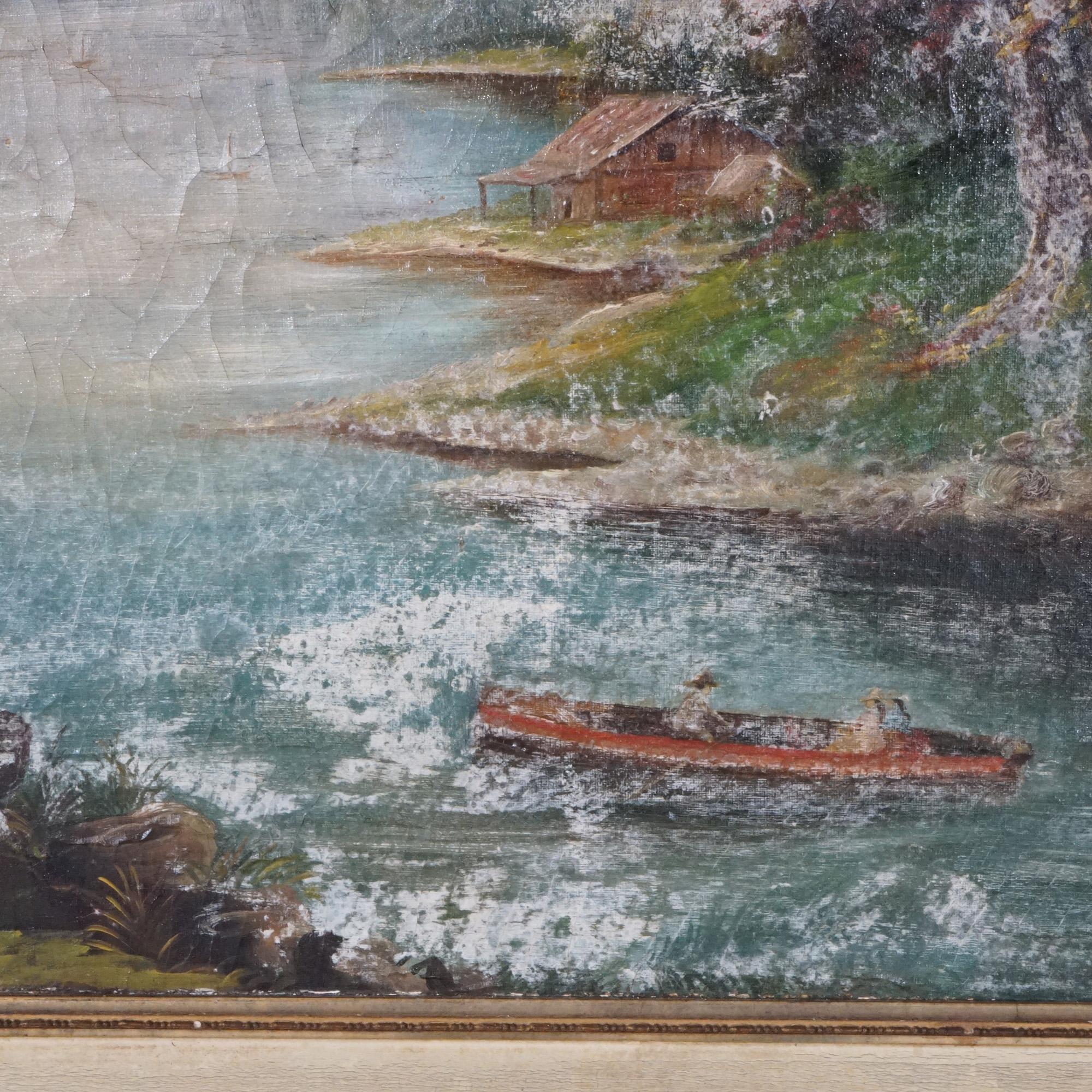 Antique Hudson River School Landscape Oil on Canvas Painting, River Scene, 19thC 4
