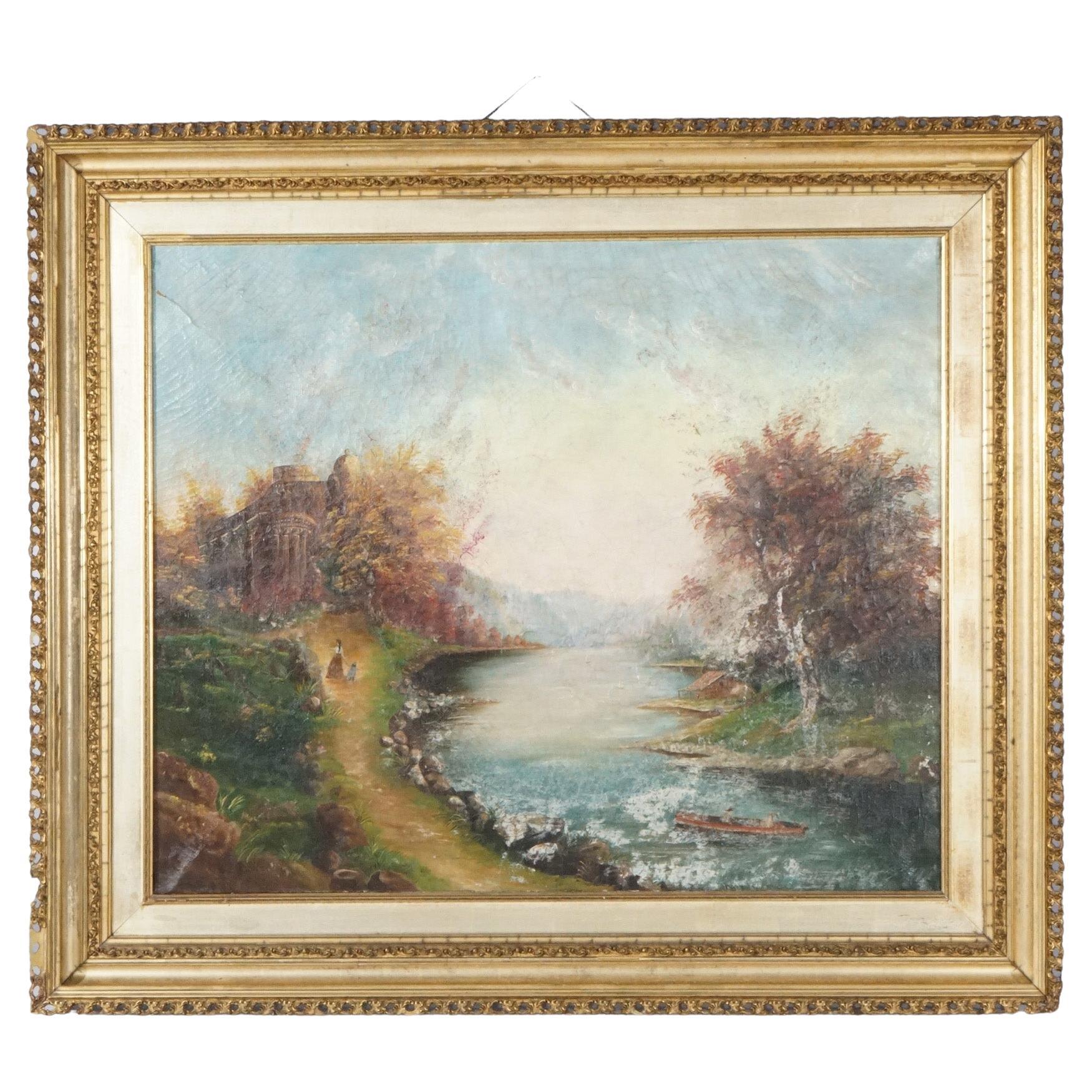 Antique Hudson River School Landscape Oil on Canvas Painting, River Scene, 19thC