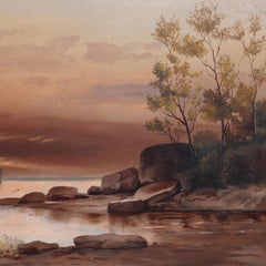 Antique Hudson River School Landscape Oil Paining in Lemon Giltwood Frame, c1860