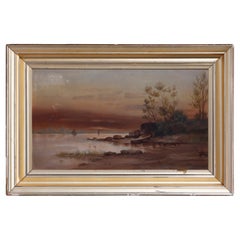 Antique Hudson River School Landscape Oil Paining in Lemon Giltwood Frame, c1860