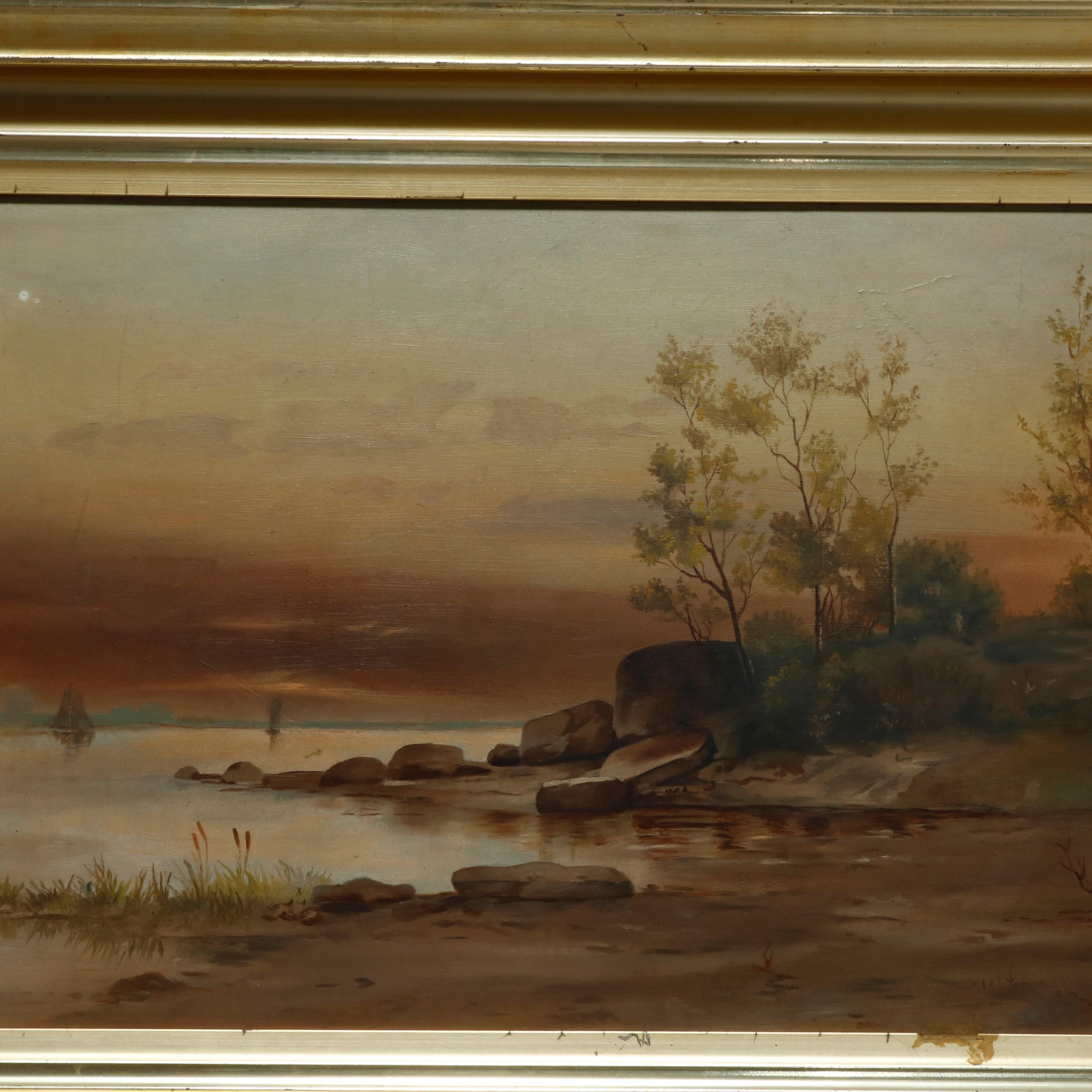 An antique Hudson River School landscape painting offers oil on canvas river or lake scene, seated in lemon gilt frame, c1860

Measures: 20.25