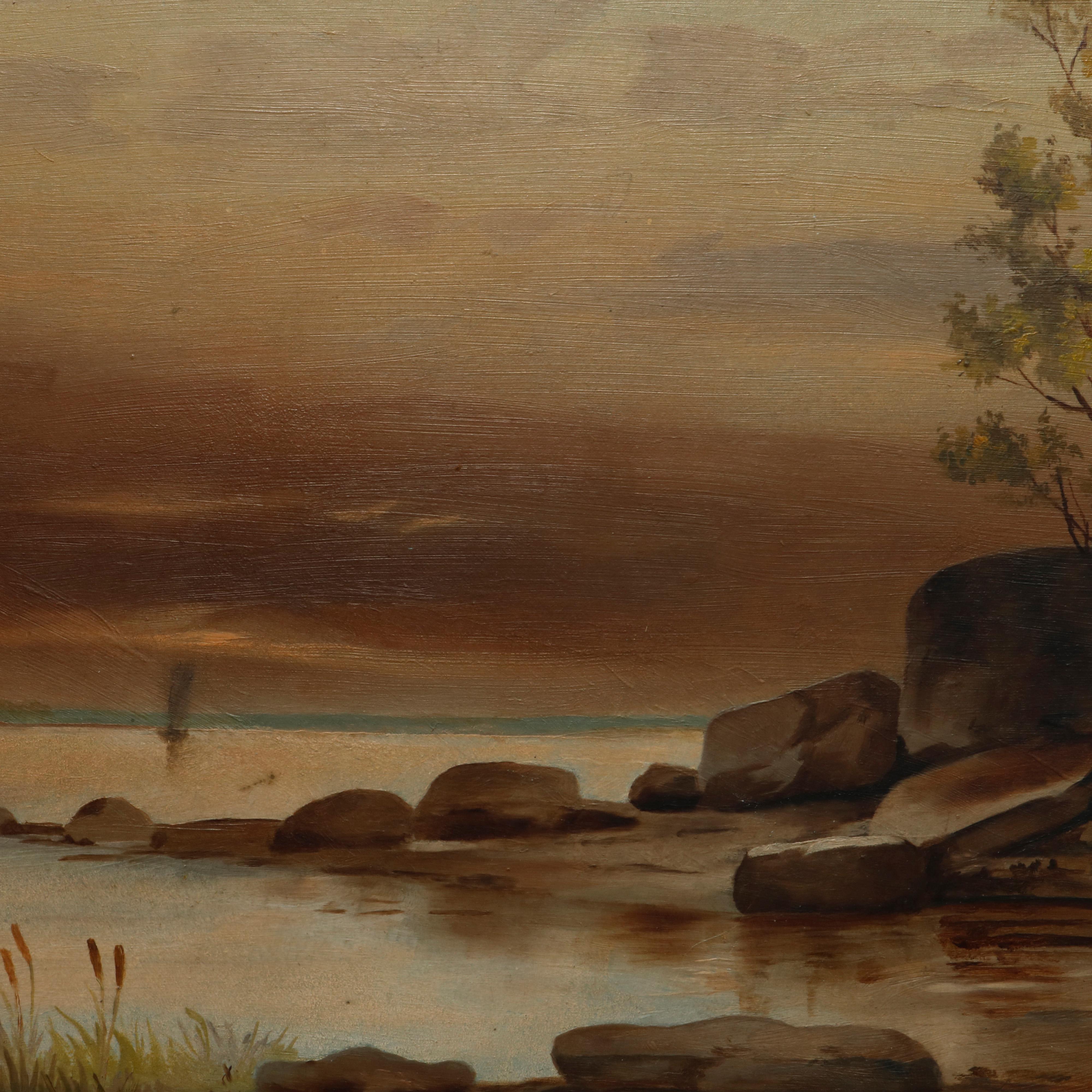 American Antique Hudson River School Landscape Oil Painting in Lemon Giltwood Frame c1860