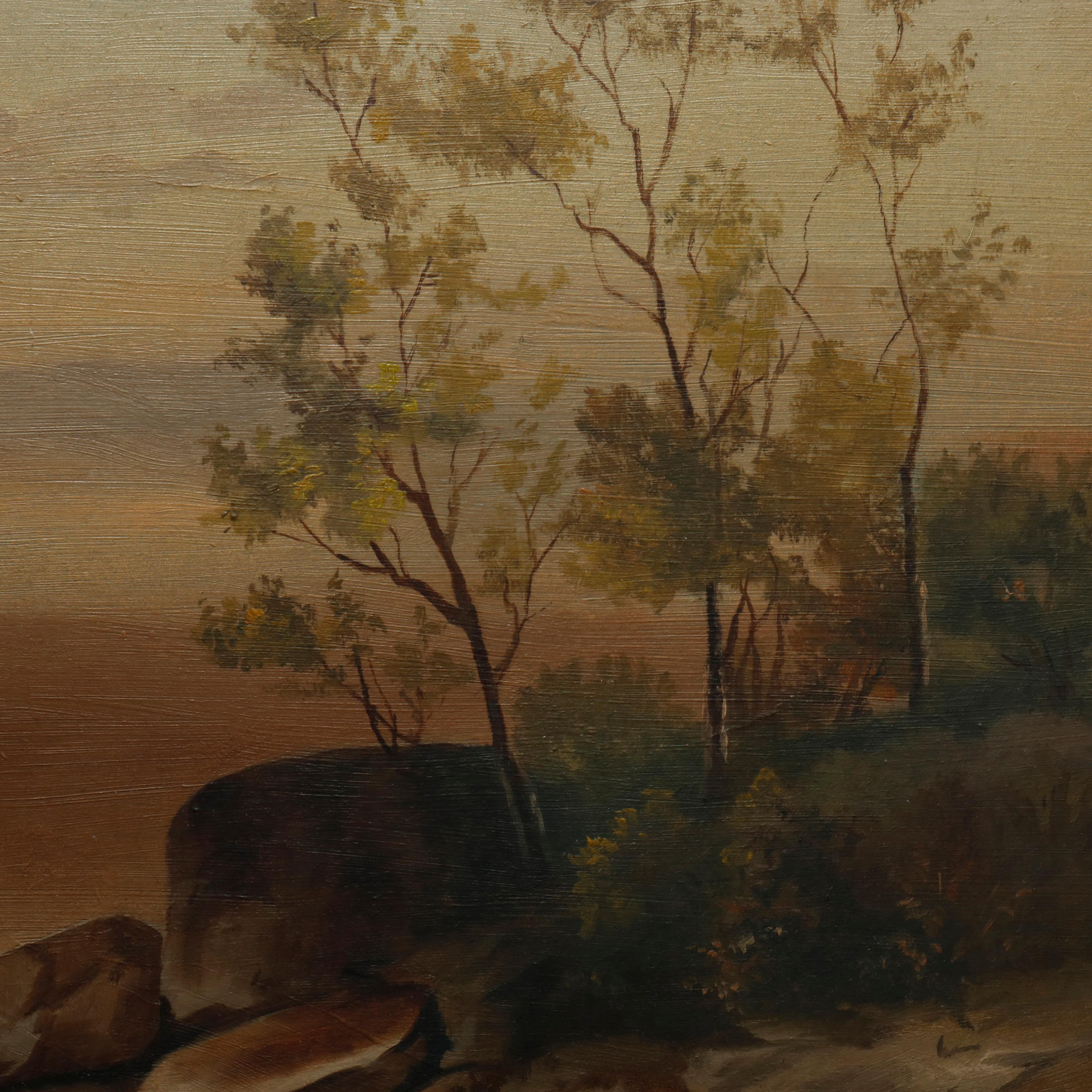 Carved Antique Hudson River School Landscape Oil Painting in Lemon Giltwood Frame c1860