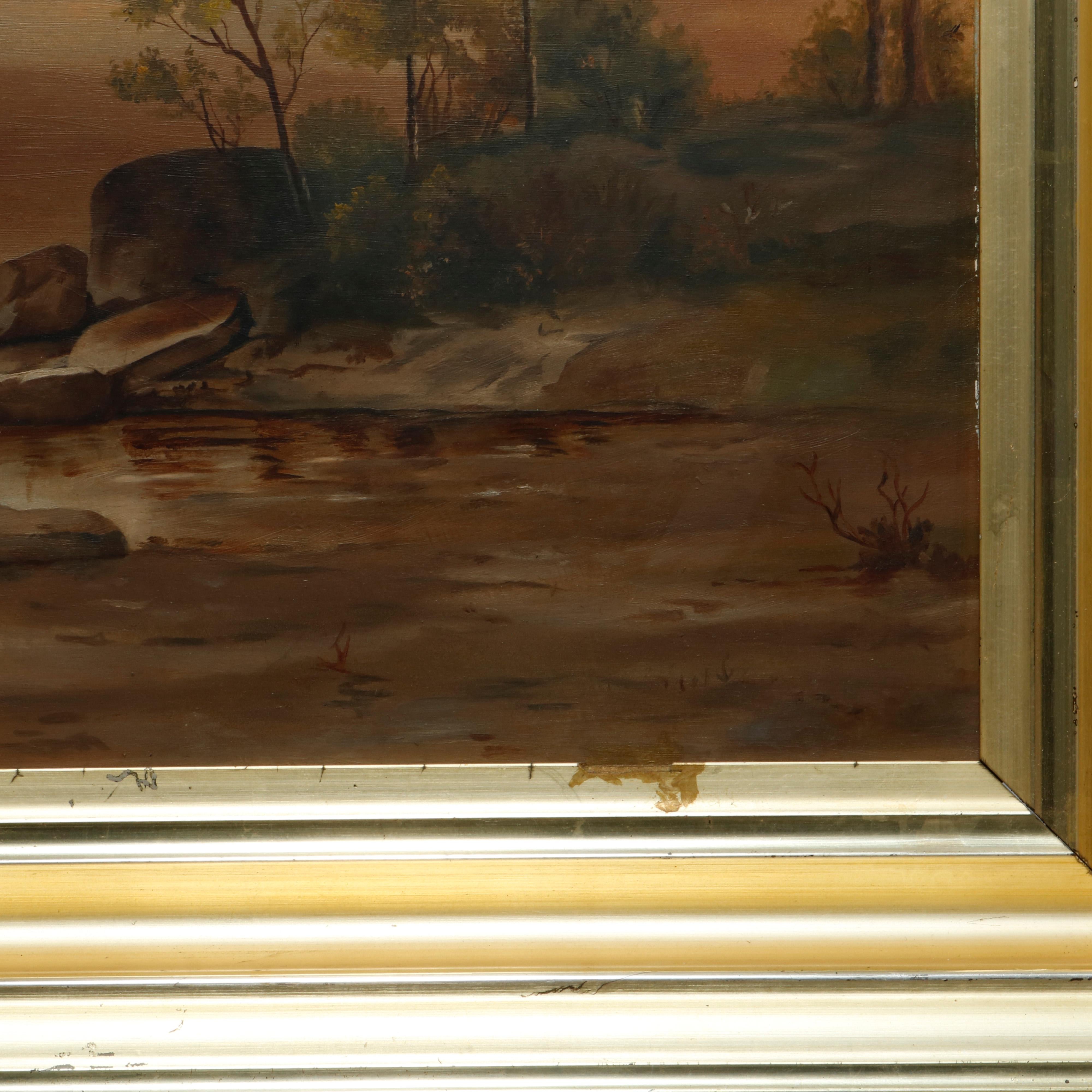 19th Century Antique Hudson River School Landscape Oil Painting in Lemon Giltwood Frame c1860