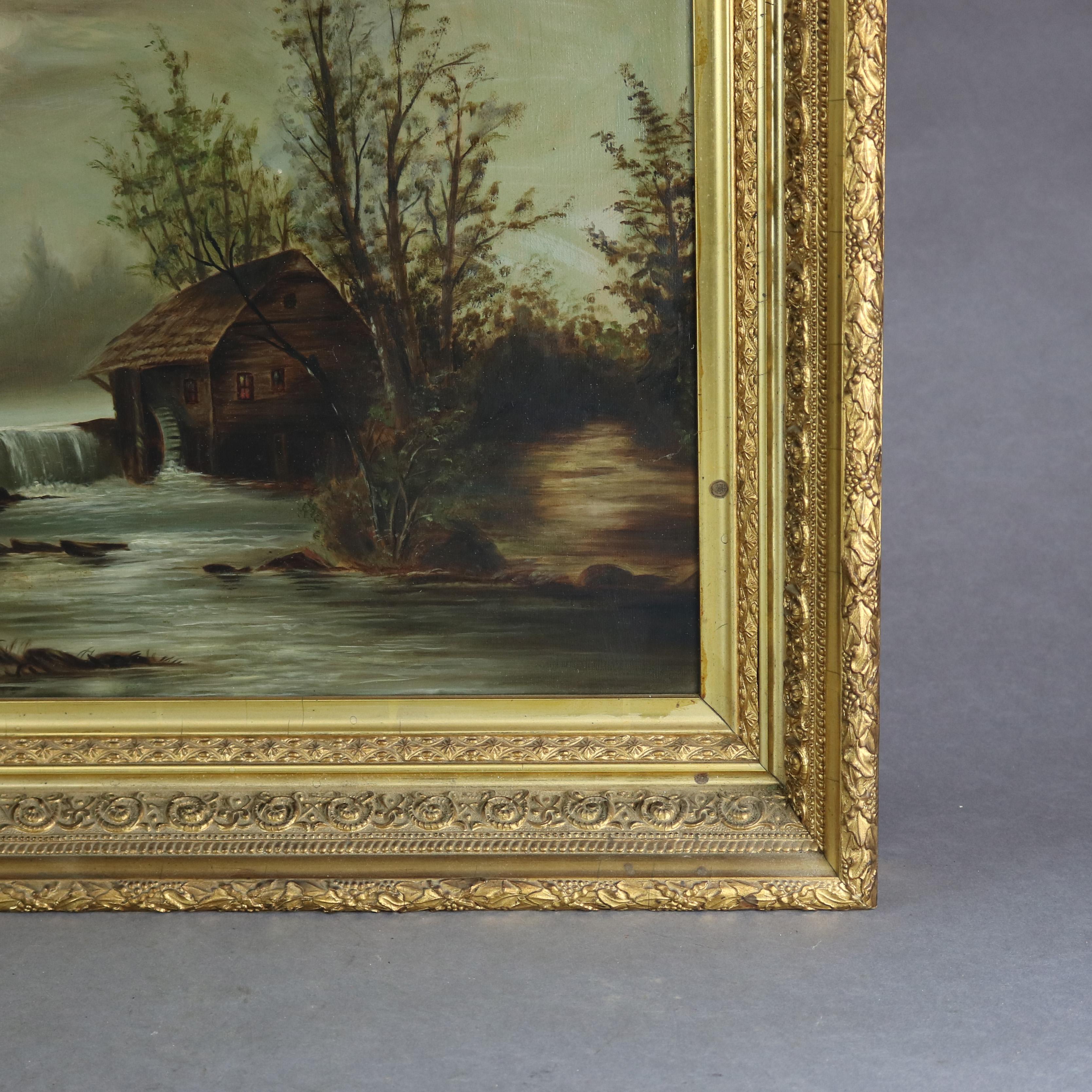 Antique Hudson River School Landscape Oil Painting on Mill Scene, Circa 1890 5