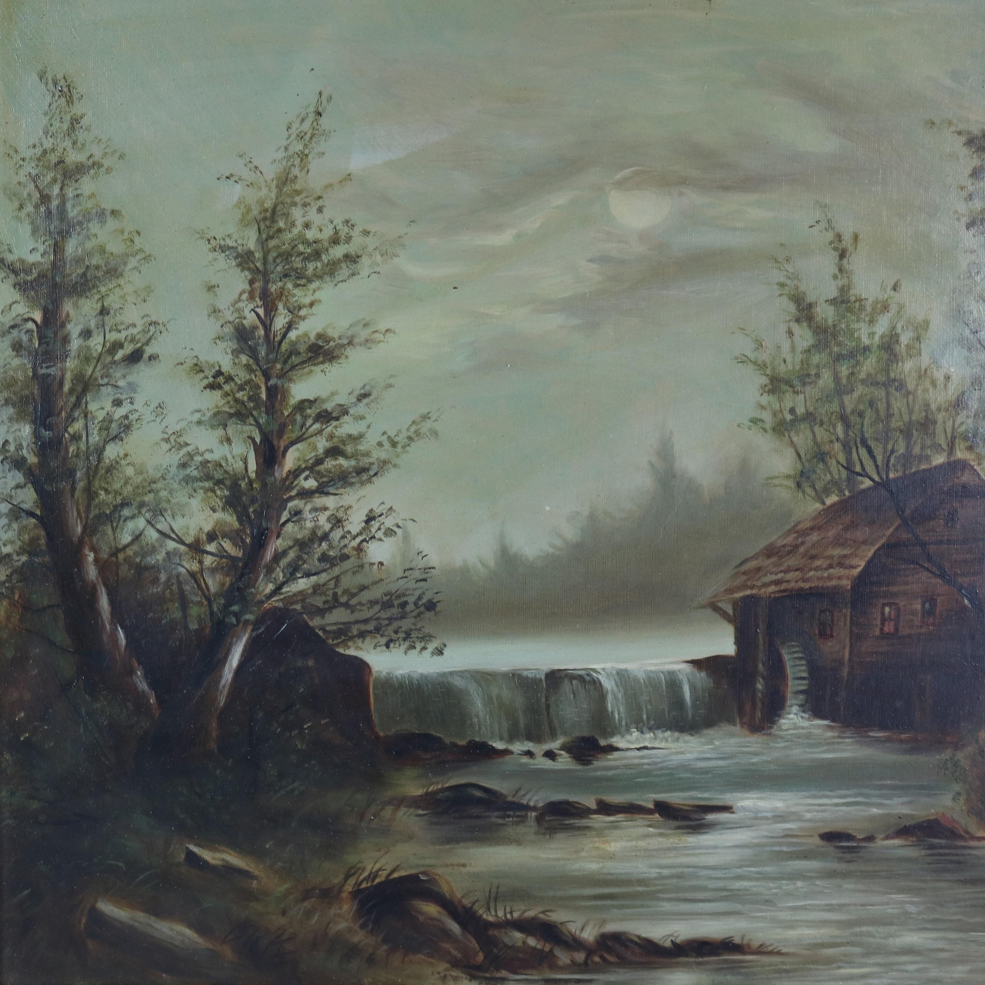 An antique Hudson River School landscape oil painting on board depicts river scene with mill, seated in giltwood frame, c1890.

Measures: Overall 19.5