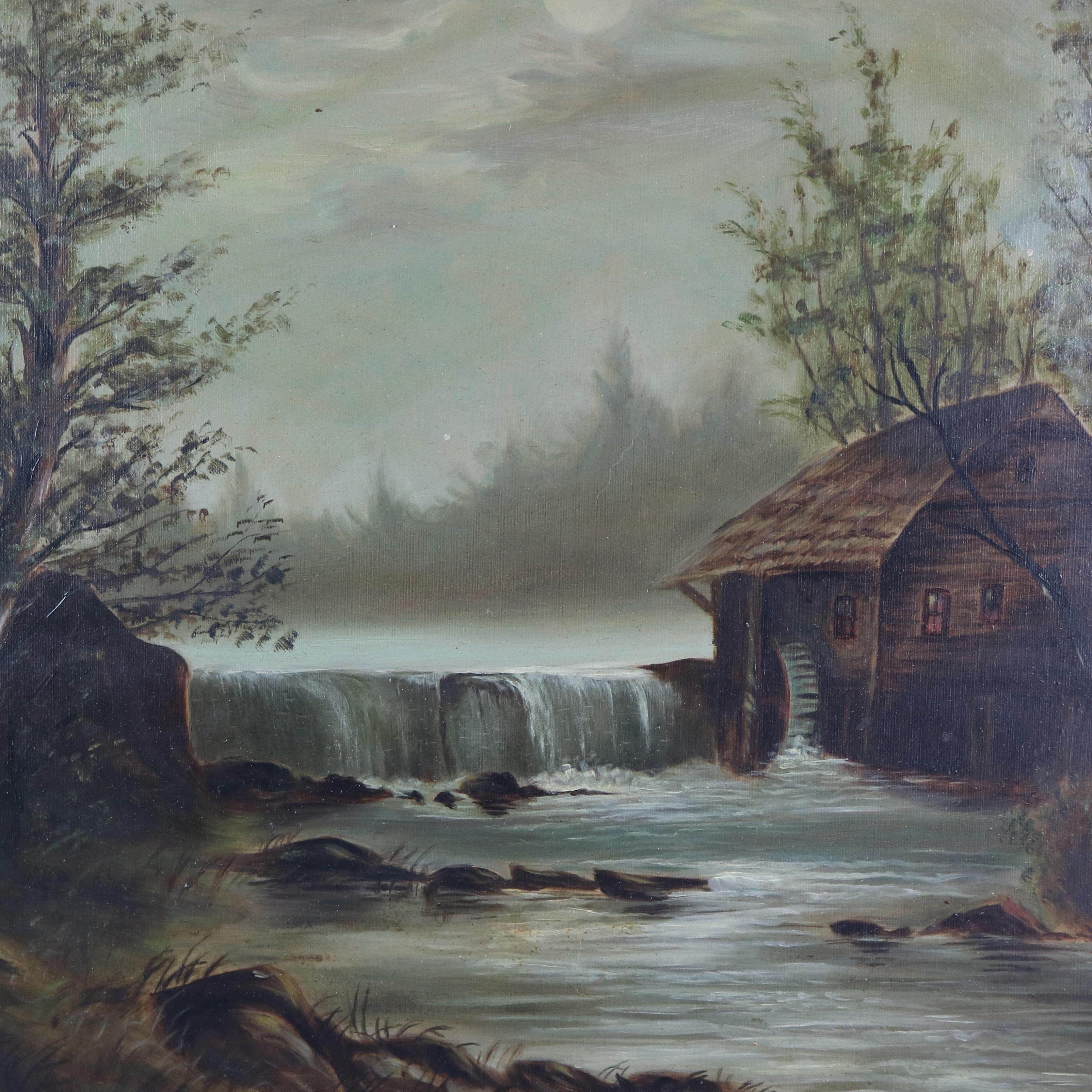 American Antique Hudson River School Landscape Oil Painting on Mill Scene, Circa 1890