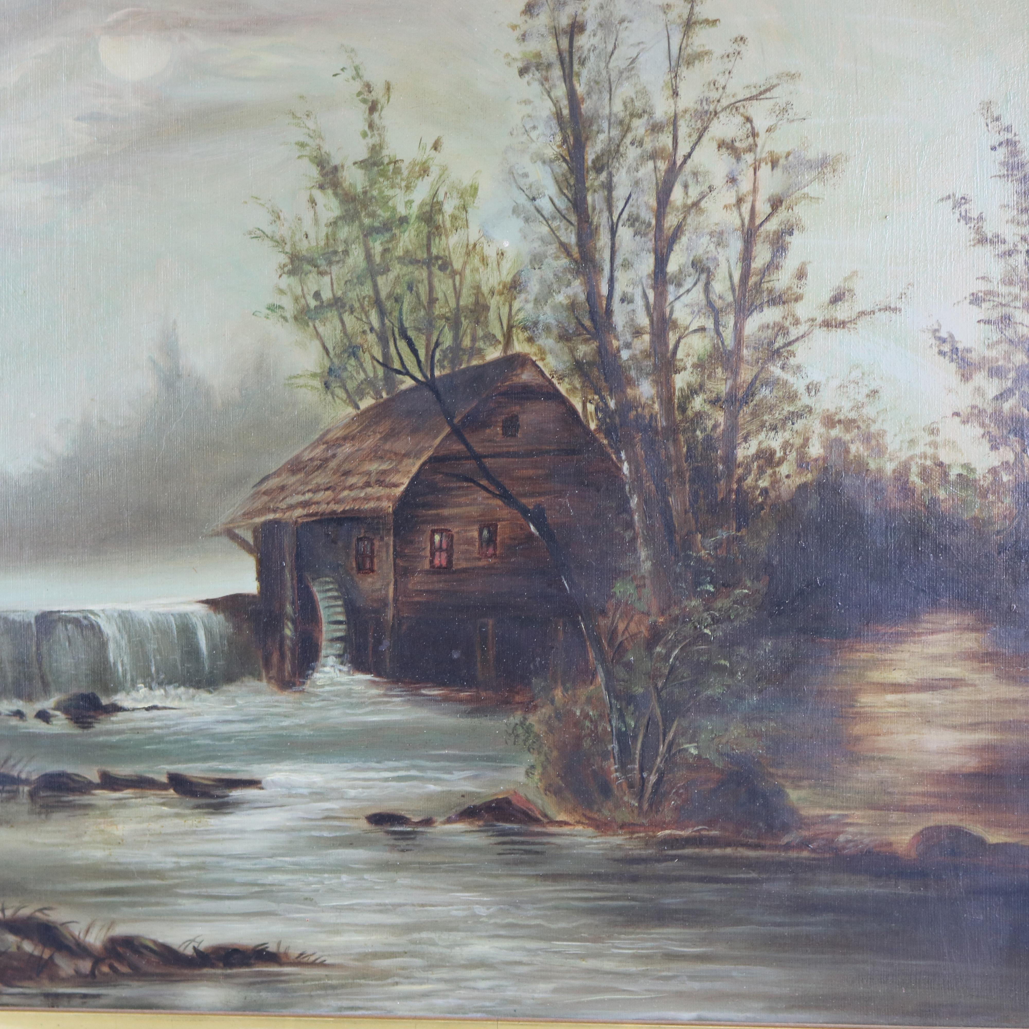Carved Antique Hudson River School Landscape Oil Painting on Mill Scene, Circa 1890