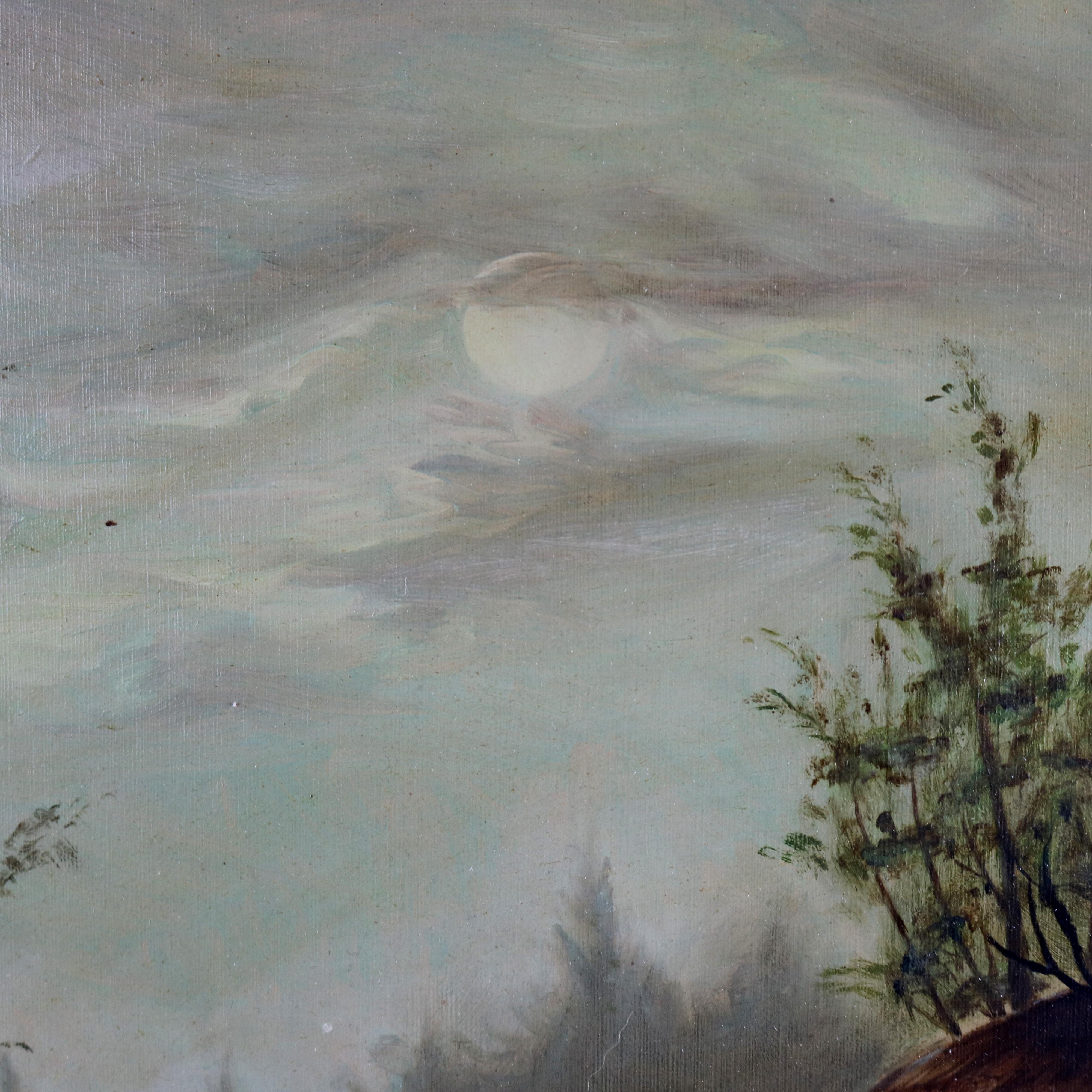 Wood Antique Hudson River School Landscape Oil Painting on Mill Scene, Circa 1890