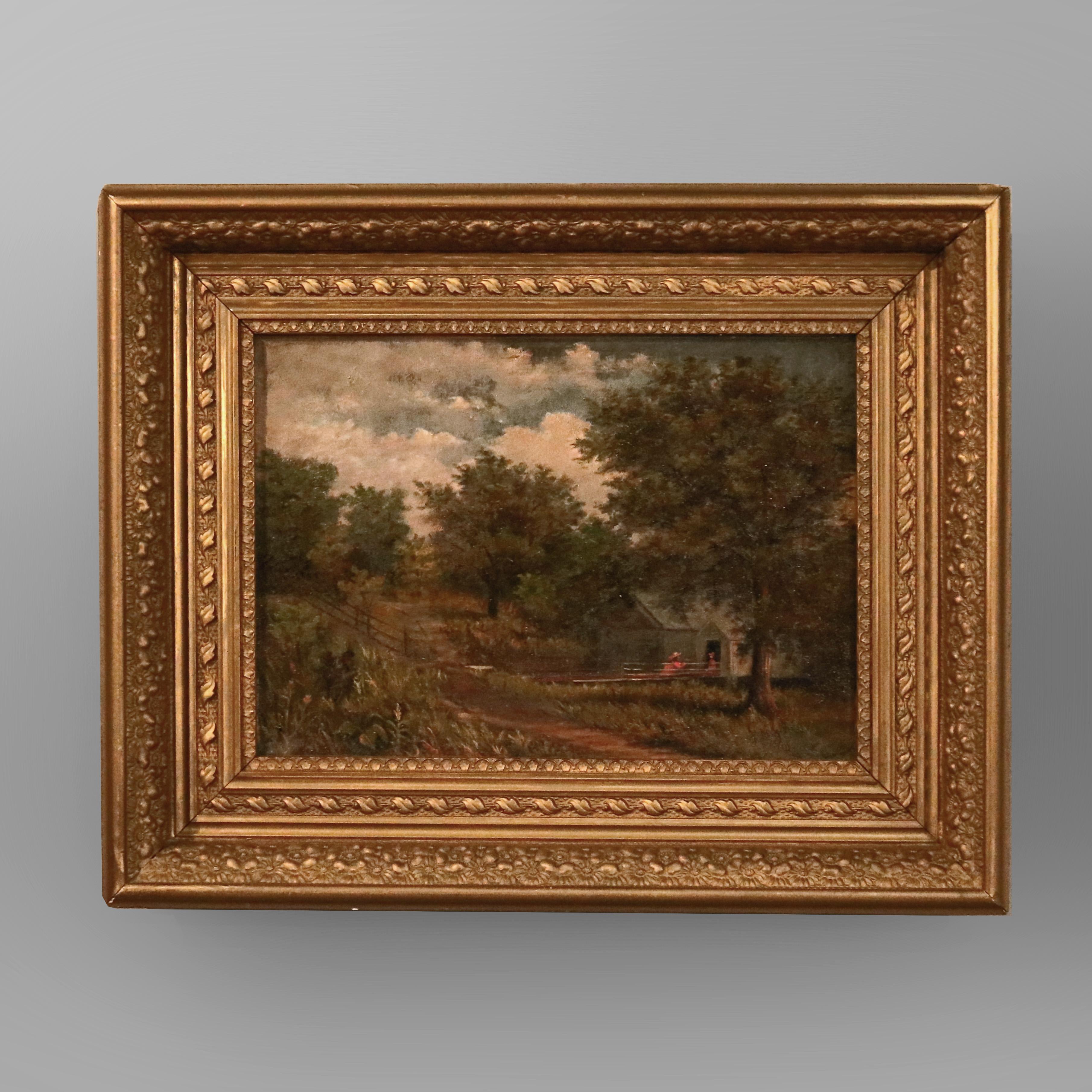 An antique Hudson River School painting offers oil on canvas landscape scene with girls (female figures), structures (possibly covered bridge) and meadow, seated in giltwood frame, c1890

Measures - 17.5''h x 21.25''w x 3.5''d; sight 10.75'' x