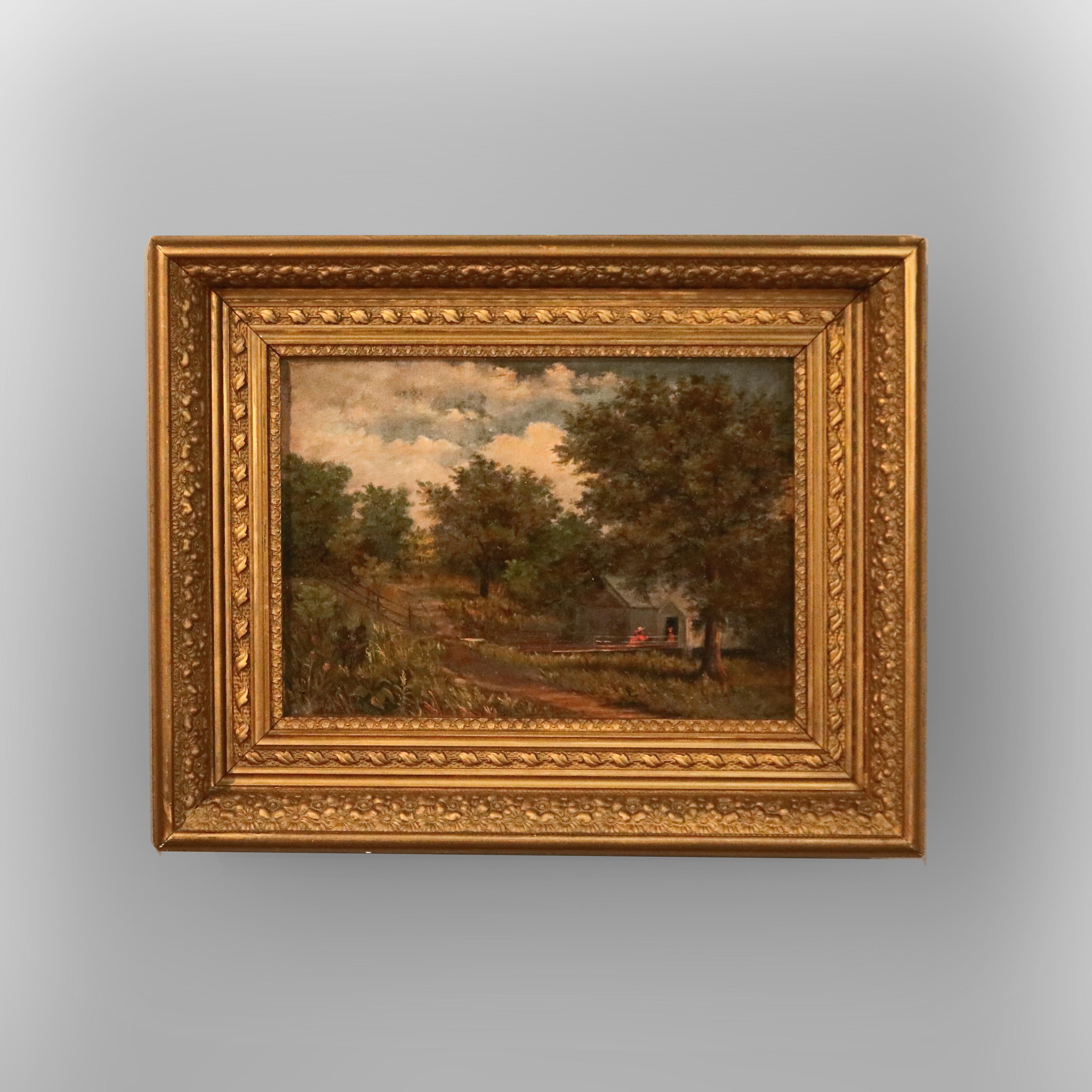 Antique Hudson River School Landscape Oil Painting with Figures, Circa 1890  For Sale at 1stDibs