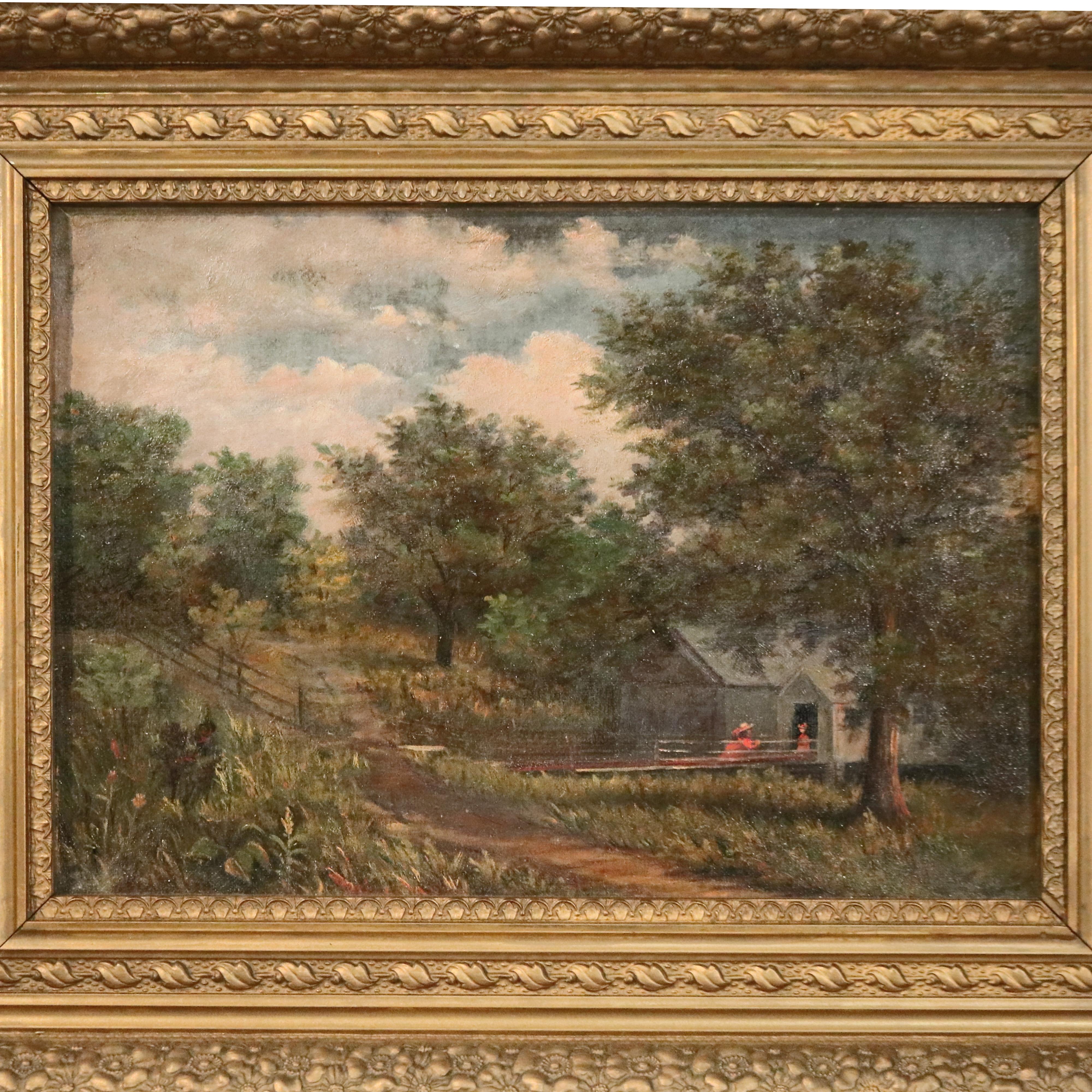 Hand-Painted Antique Hudson River School Landscape Oil Painting with Figures, Circa 1890