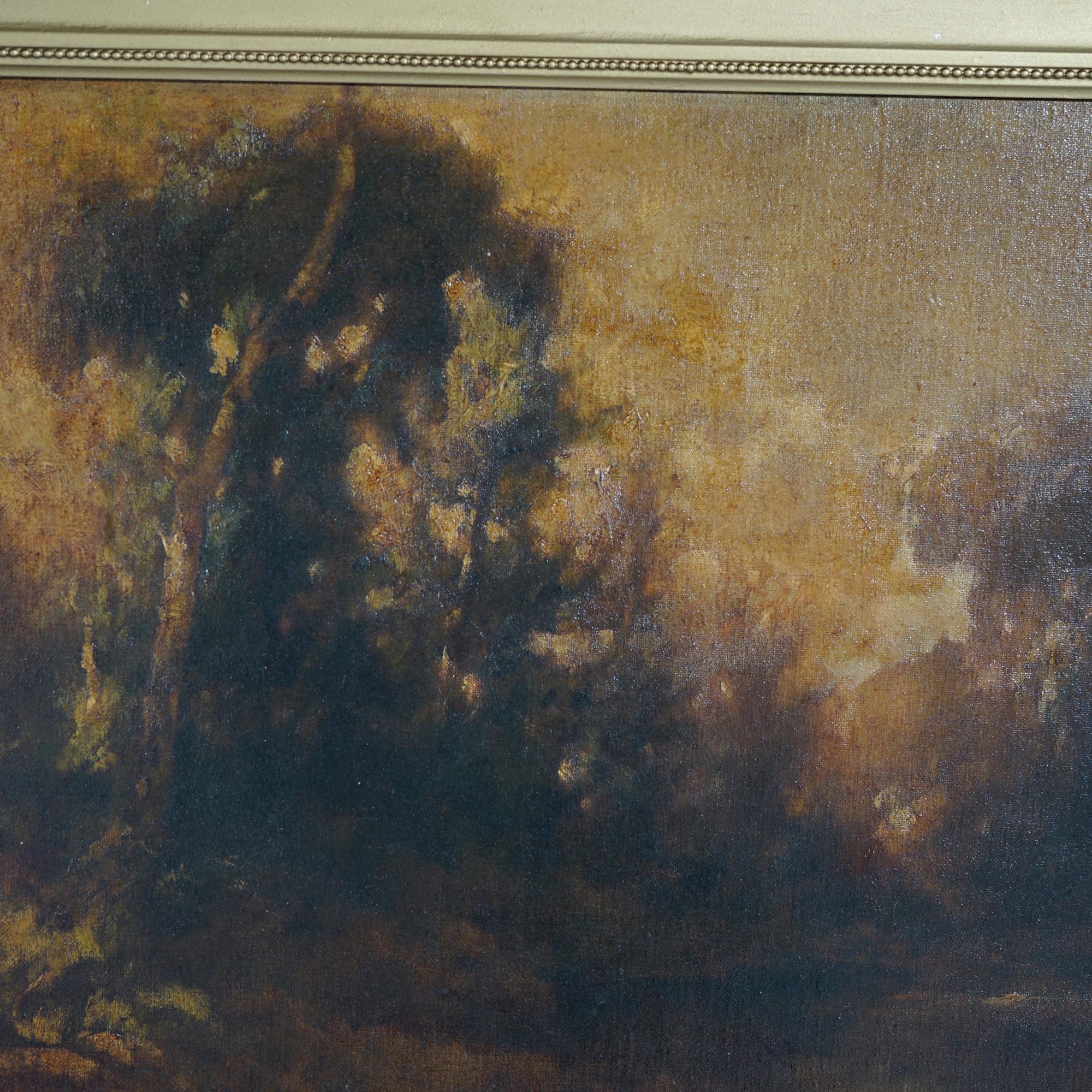 Eine antike Hudson River School Landschaftsmalerei bietet Öl auf Leinwand Flussszene, sitzend in vergoldetem Rahmen, unsigniert, um 1890

Maße: 24,25''H x 32,25''W x 4,25''D insgesamt; 16'' x 24,25'' Sicht.

Kataloghinweis: Erkundigen Sie sich nach