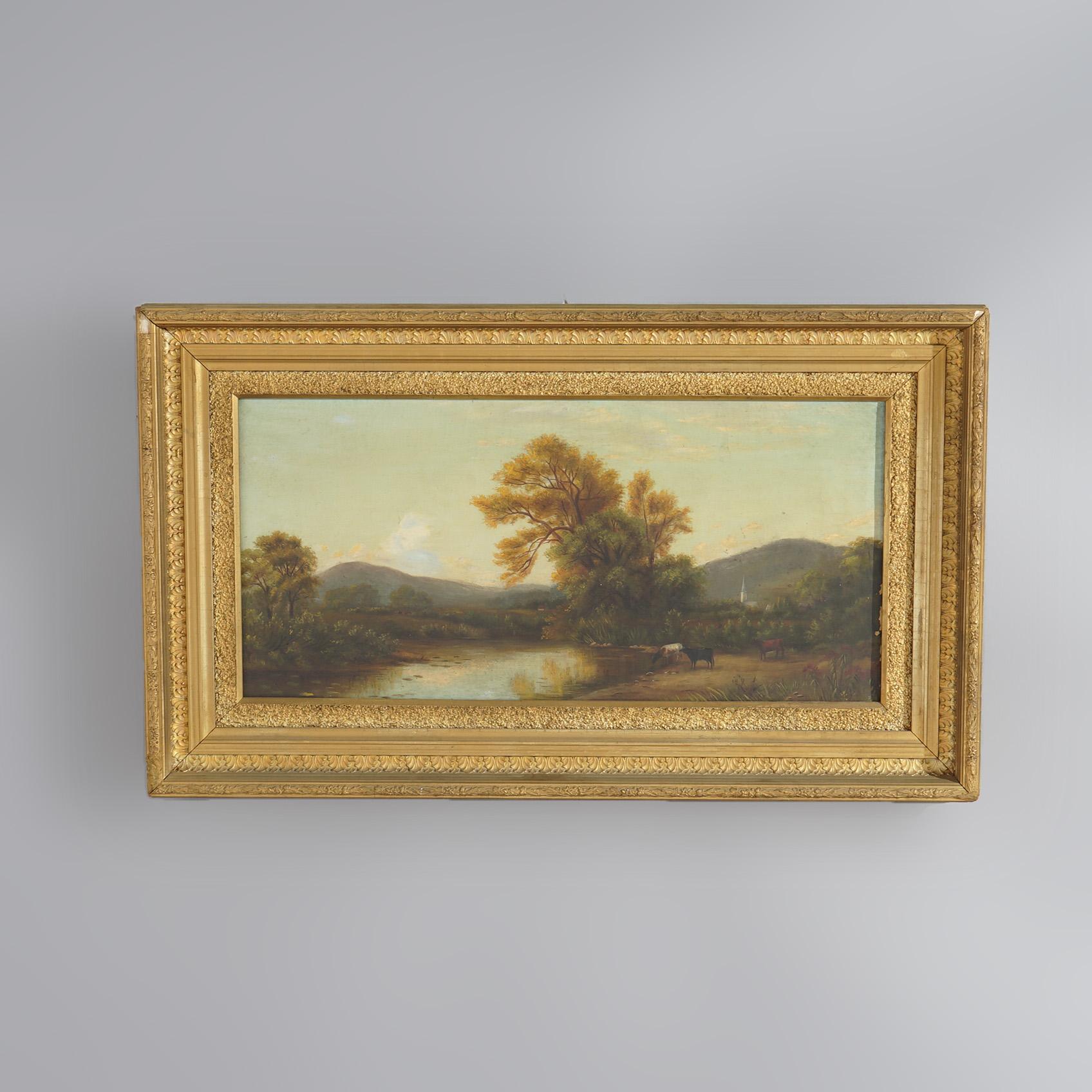 An antique Hudson River School painting offers oil on canvas landscape scene having cattle, stream, mountains and church steeple in the background, c1890

Measures - 19