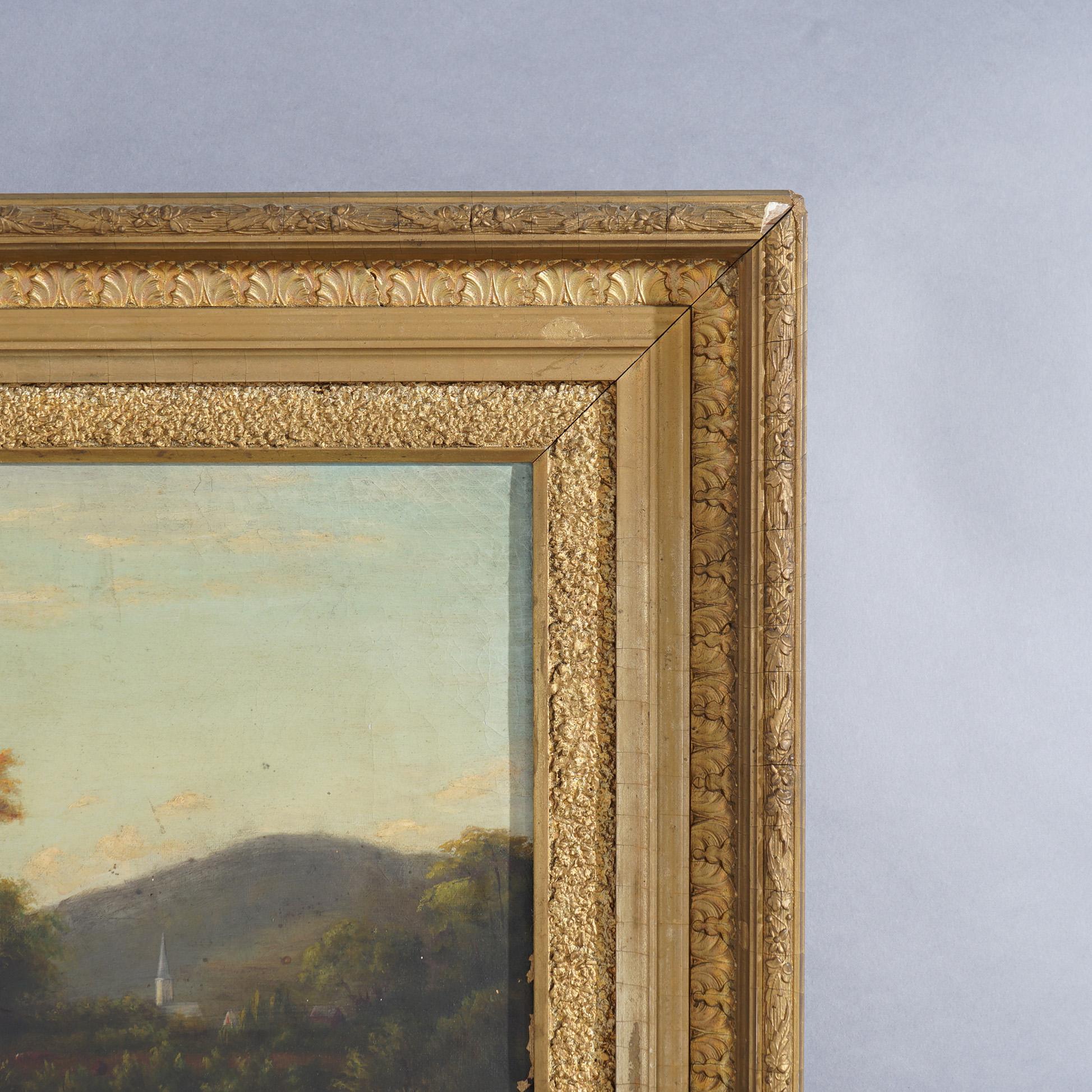 Hand-Painted Antique Hudson River School Landscape Painting with Cattle, Stream and Church For Sale