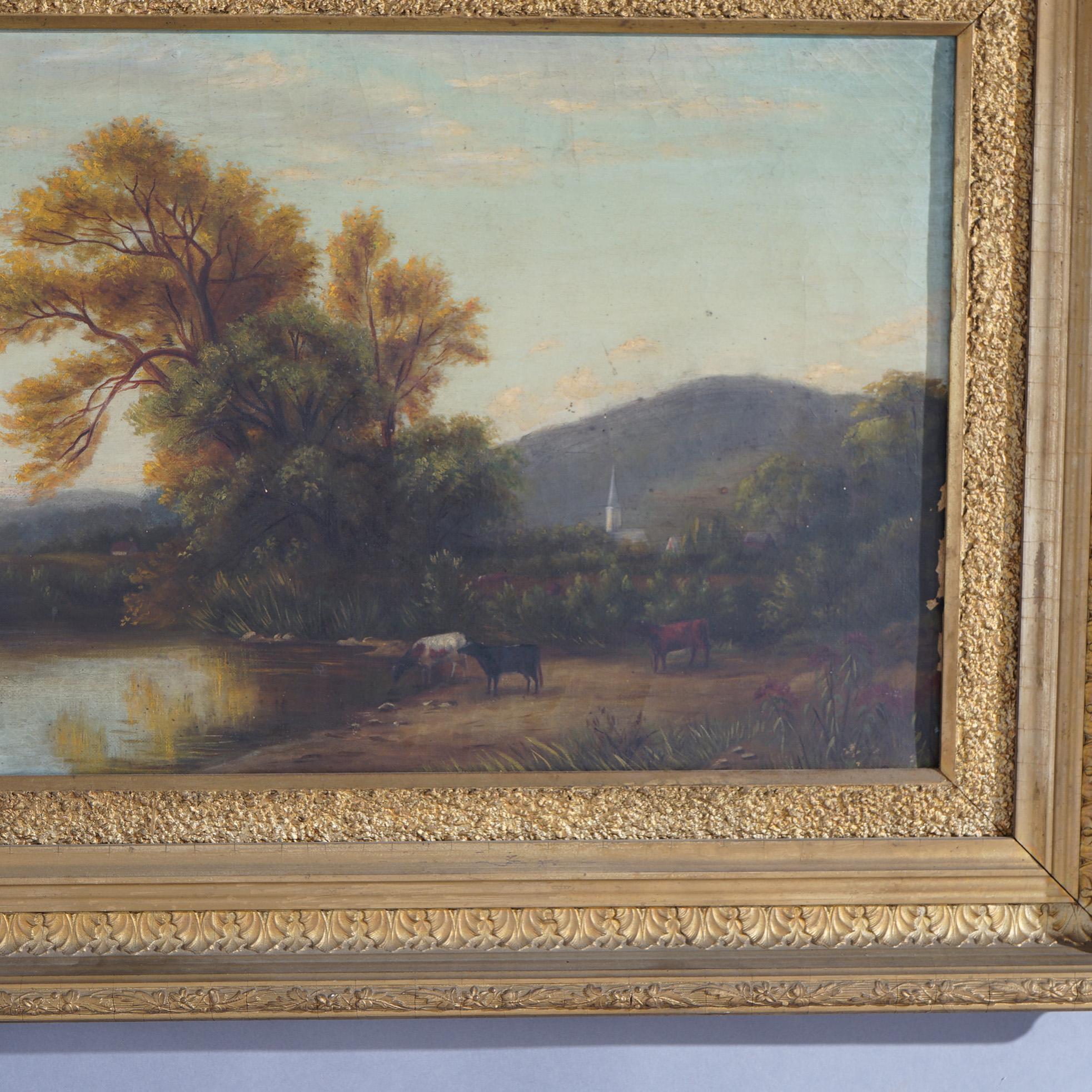 Antique Hudson River School Landscape Painting with Cattle, Stream and Church In Good Condition For Sale In Big Flats, NY