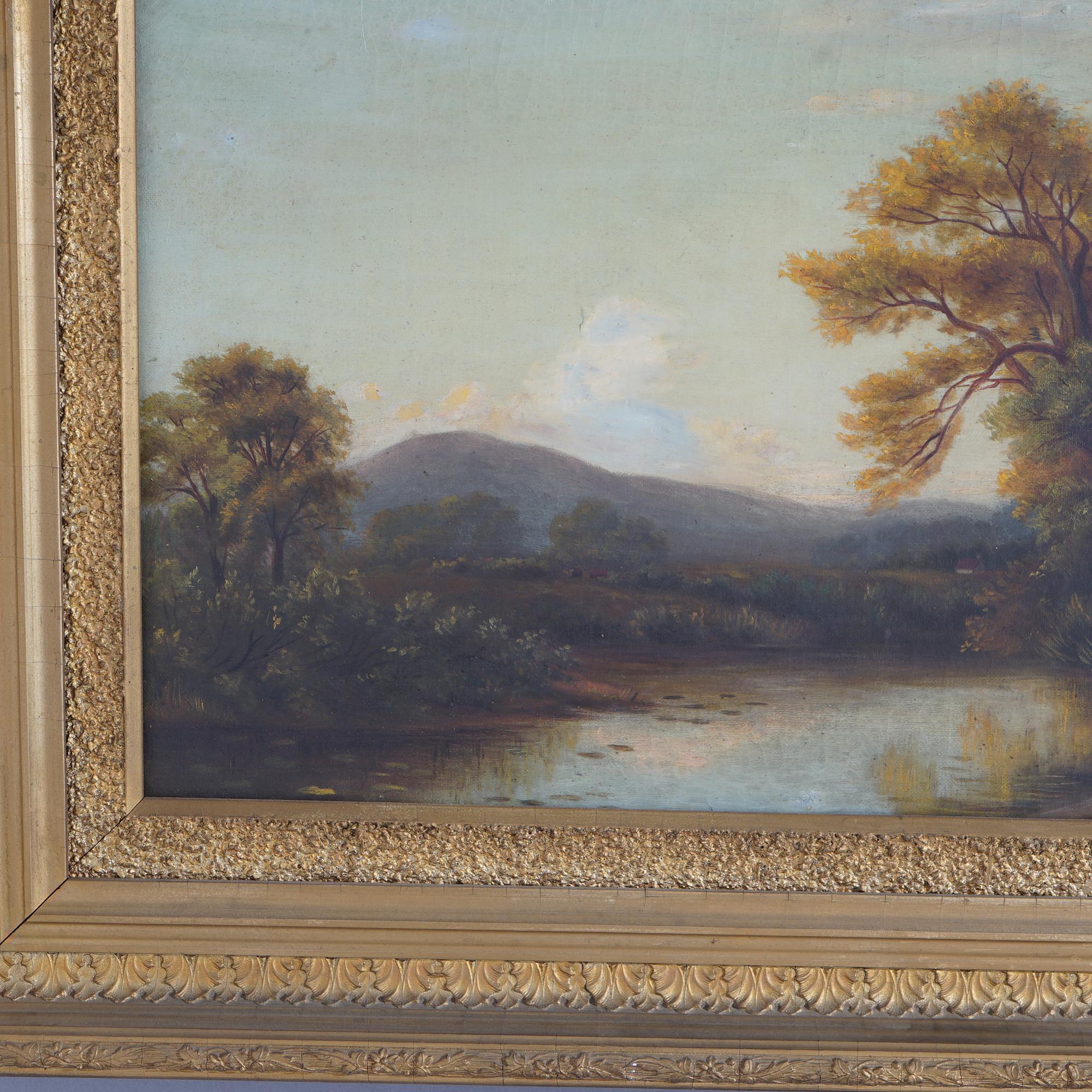 19th Century Antique Hudson River School Landscape Painting with Cattle, Stream and Church