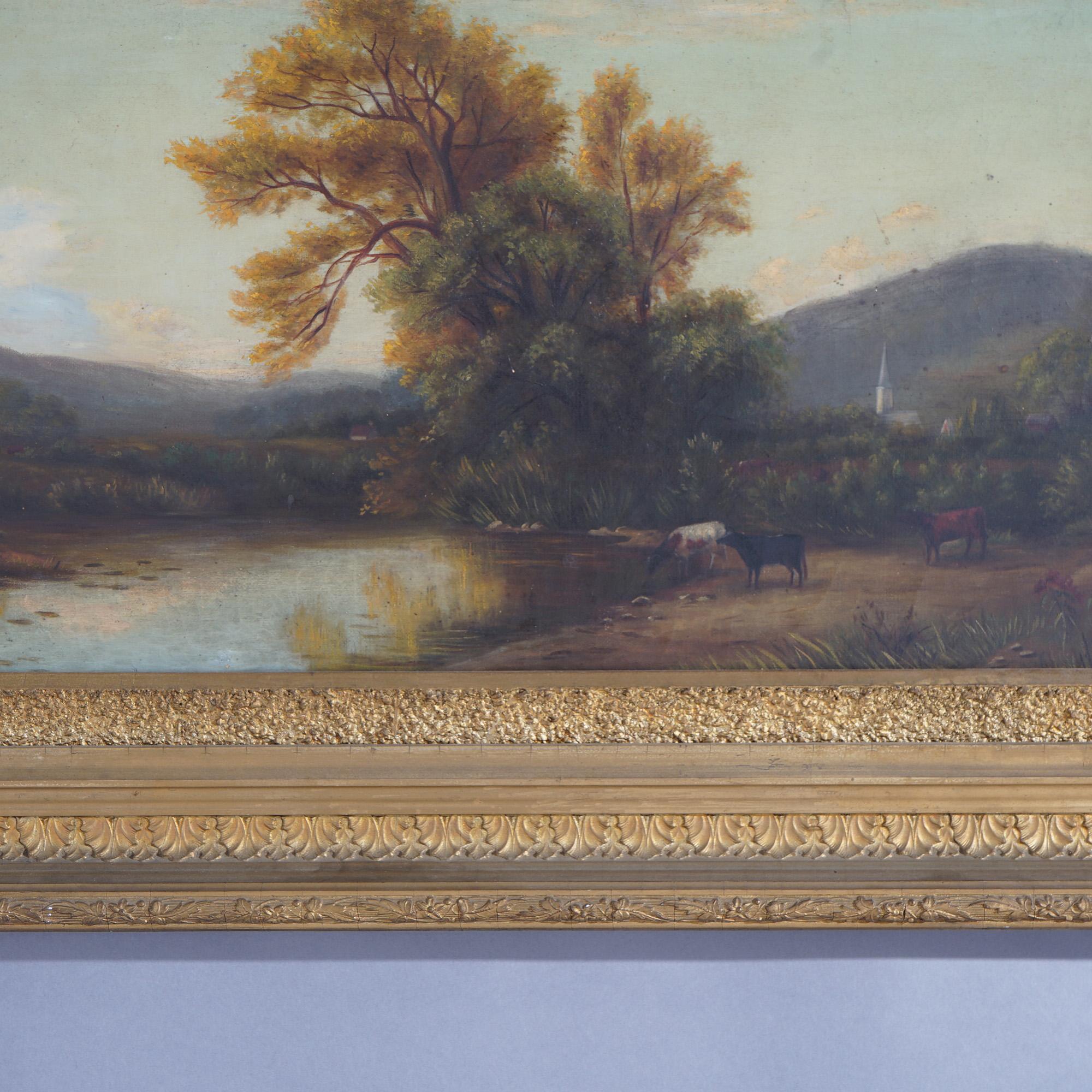 Canvas Antique Hudson River School Landscape Painting with Cattle, Stream and Church