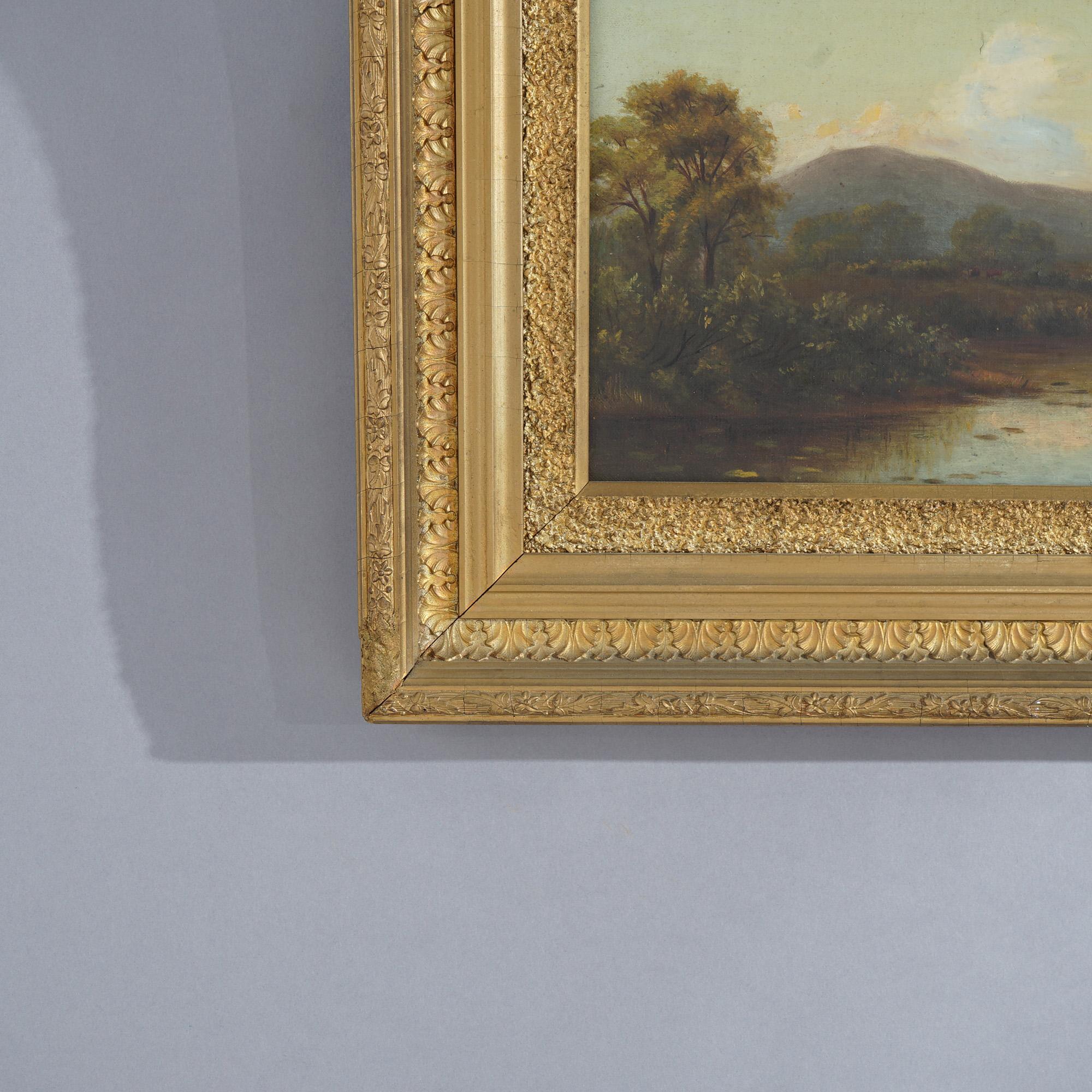 Antique Hudson River School Landscape Painting with Cattle, Stream and Church 1