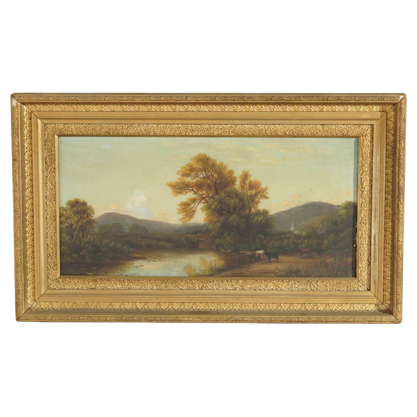 Antique Hudson River School Landscape Painting with Cattle, Stream and Church For Sale