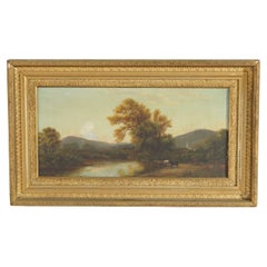 Antique Hudson River School Landscape Painting with Cattle, Stream and Church