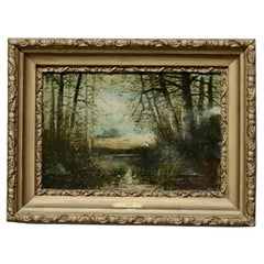 Antique Hudson River School Landscape Painting with Figure by J. Davis, c1890
