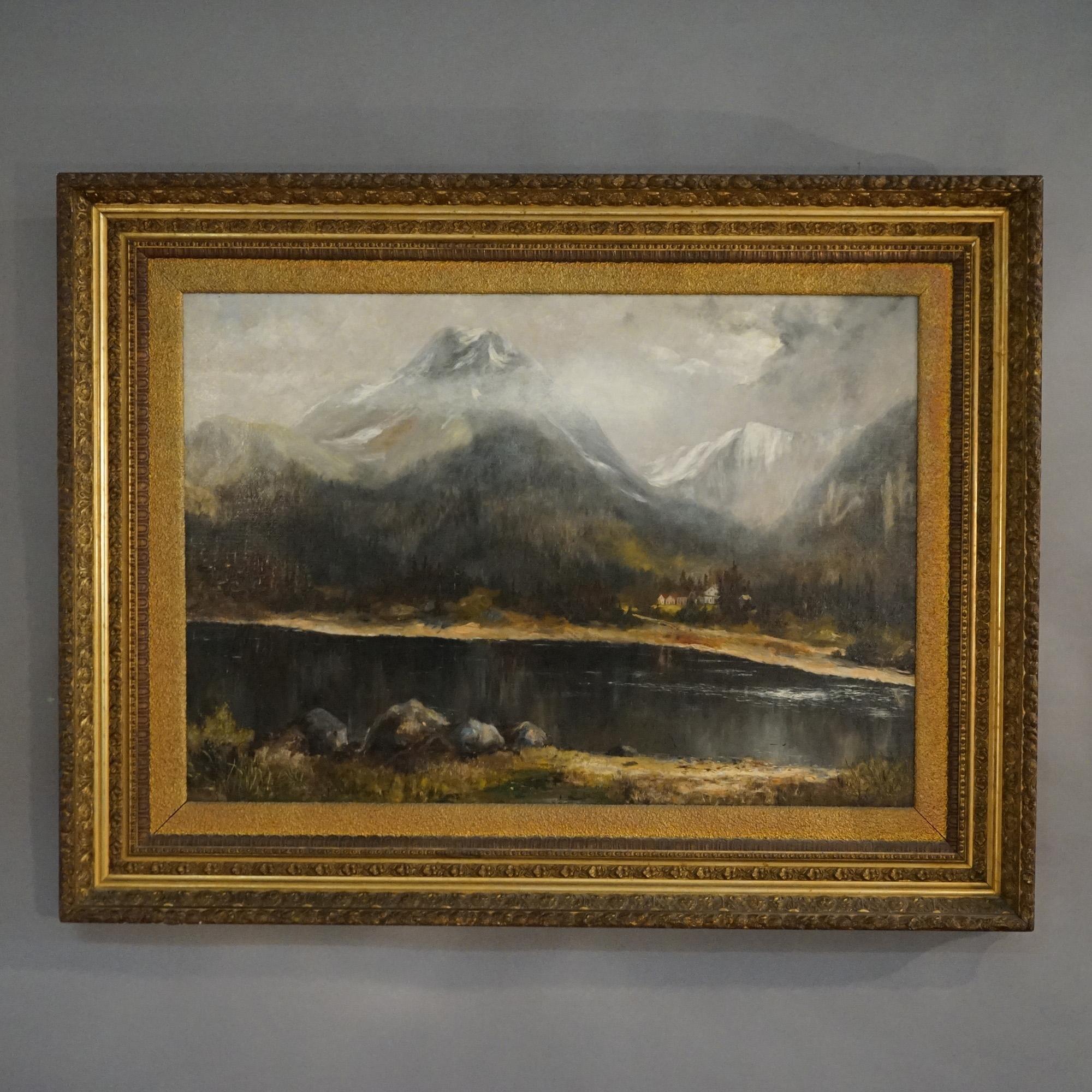 ***Reduced Delivery Rates - See Below or Click “Ask The Seller” to Request a Quote***

Antique Hudson River School Mountain Lake Landscape Painting by F. A. Tabor, Framed,  C1885

Measures - 39.75
