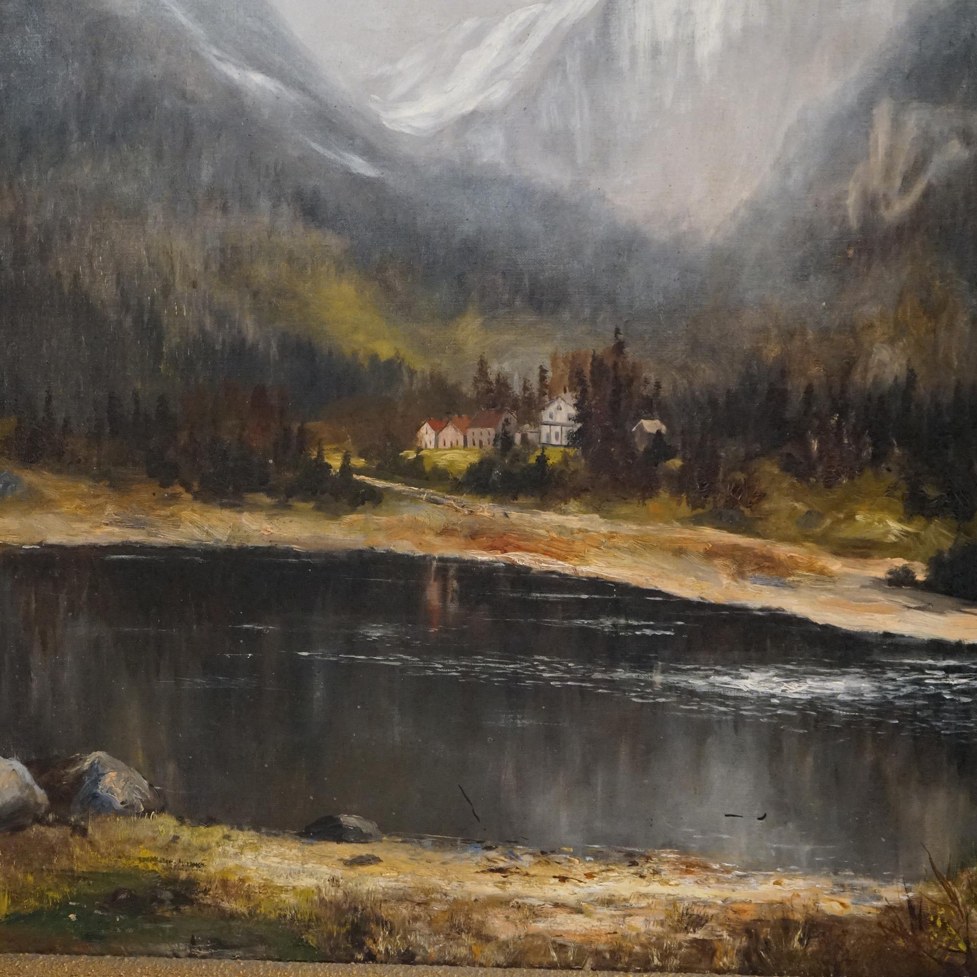 19th Century Antique Hudson River School Mountainous Landscape Painting by FA Tabor  C1885