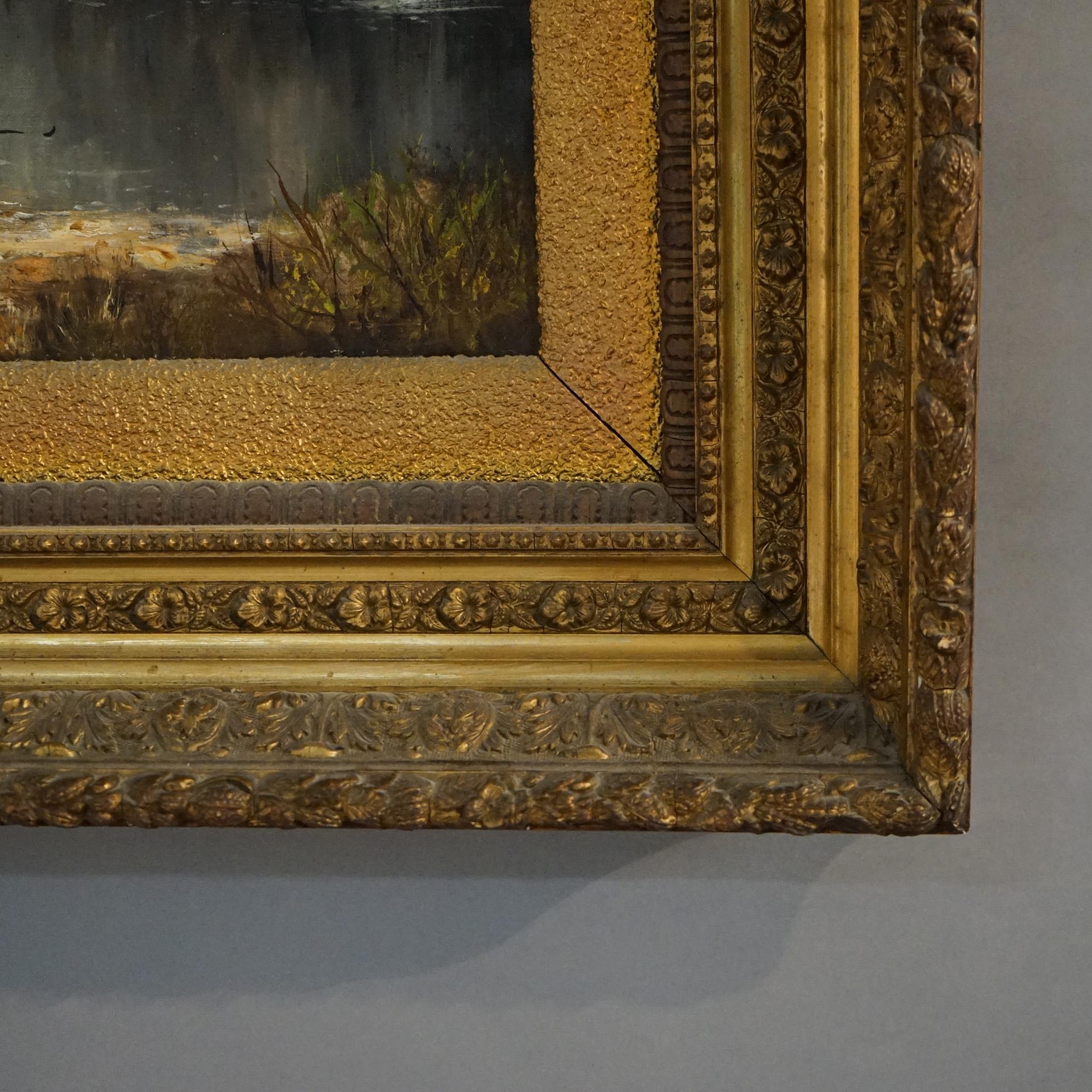Canvas Antique Hudson River School Mountainous Landscape Painting by FA Tabor  C1885
